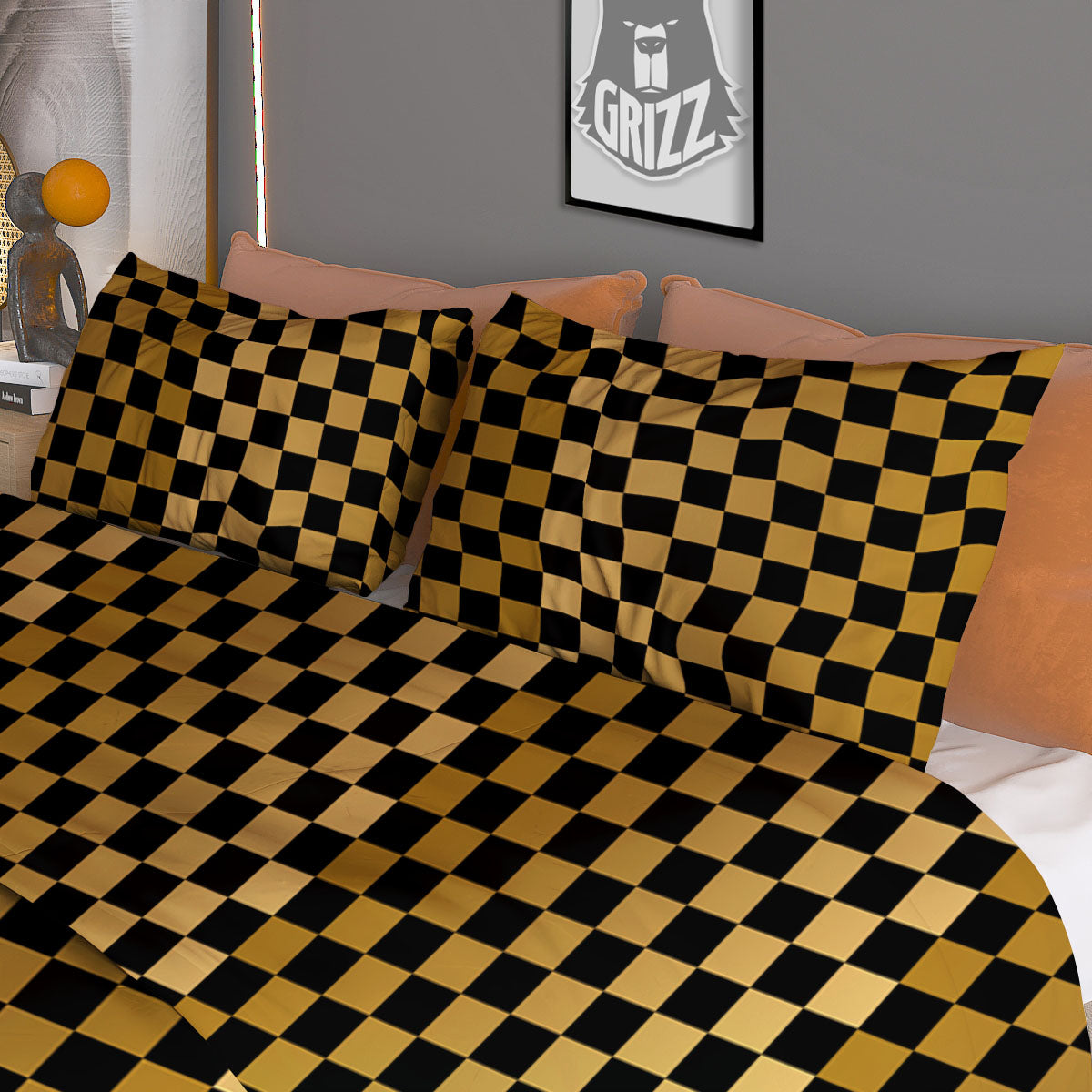 Checkered Black And Gold Print Pattern Duvet Cover Bedding Set