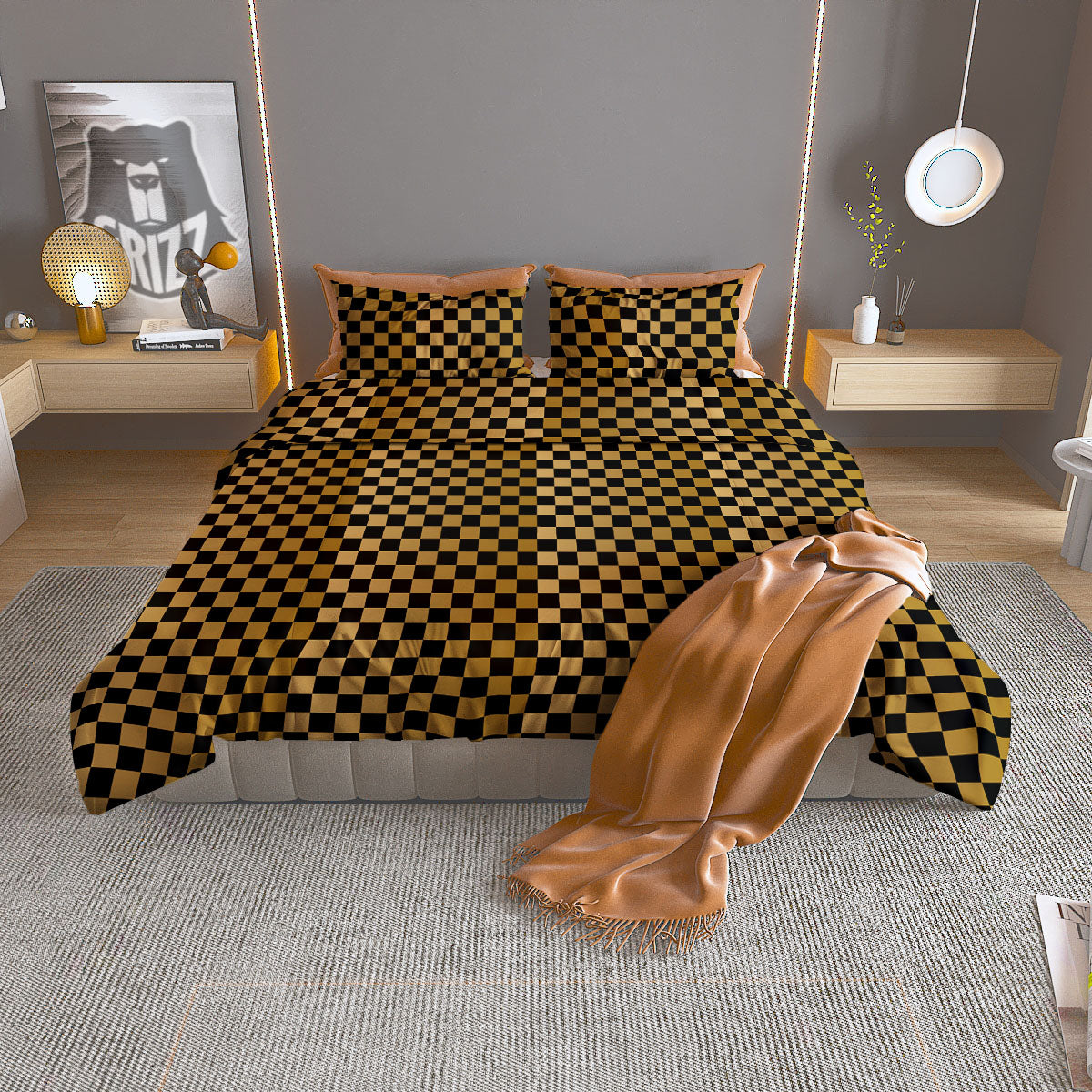 Checkered Black And Gold Print Pattern Duvet Cover Bedding Set
