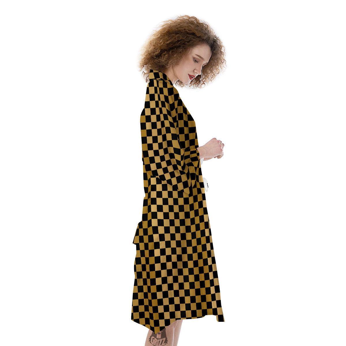 Checkered Black And Gold Print Pattern Kimono-grizzshop