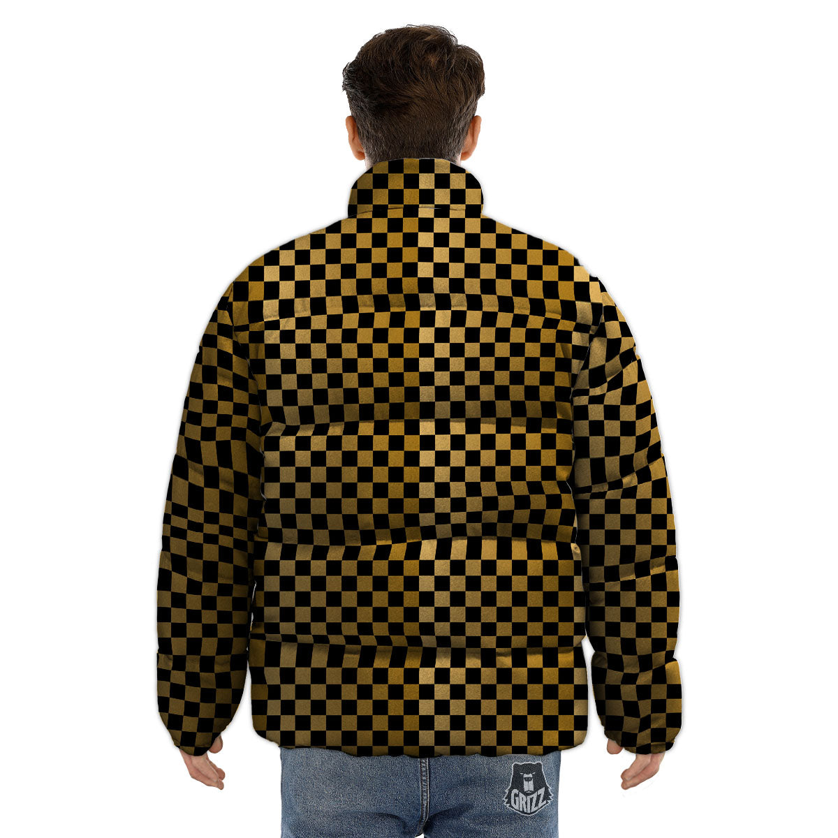 Checkered Black And Gold Print Pattern Puffer Jacket-grizzshop