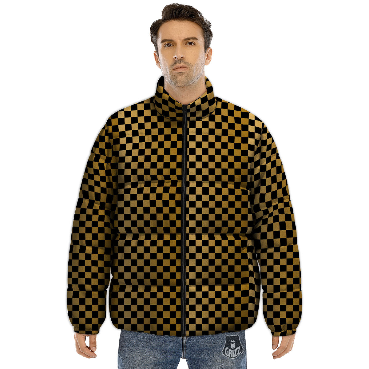 Checkered Black And Gold Print Pattern Puffer Jacket-grizzshop