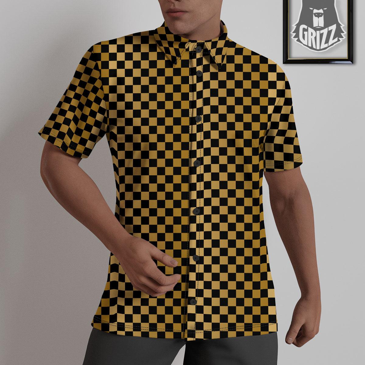 Checkered Black And Gold Print Pattern Untucked Shirts-grizzshop