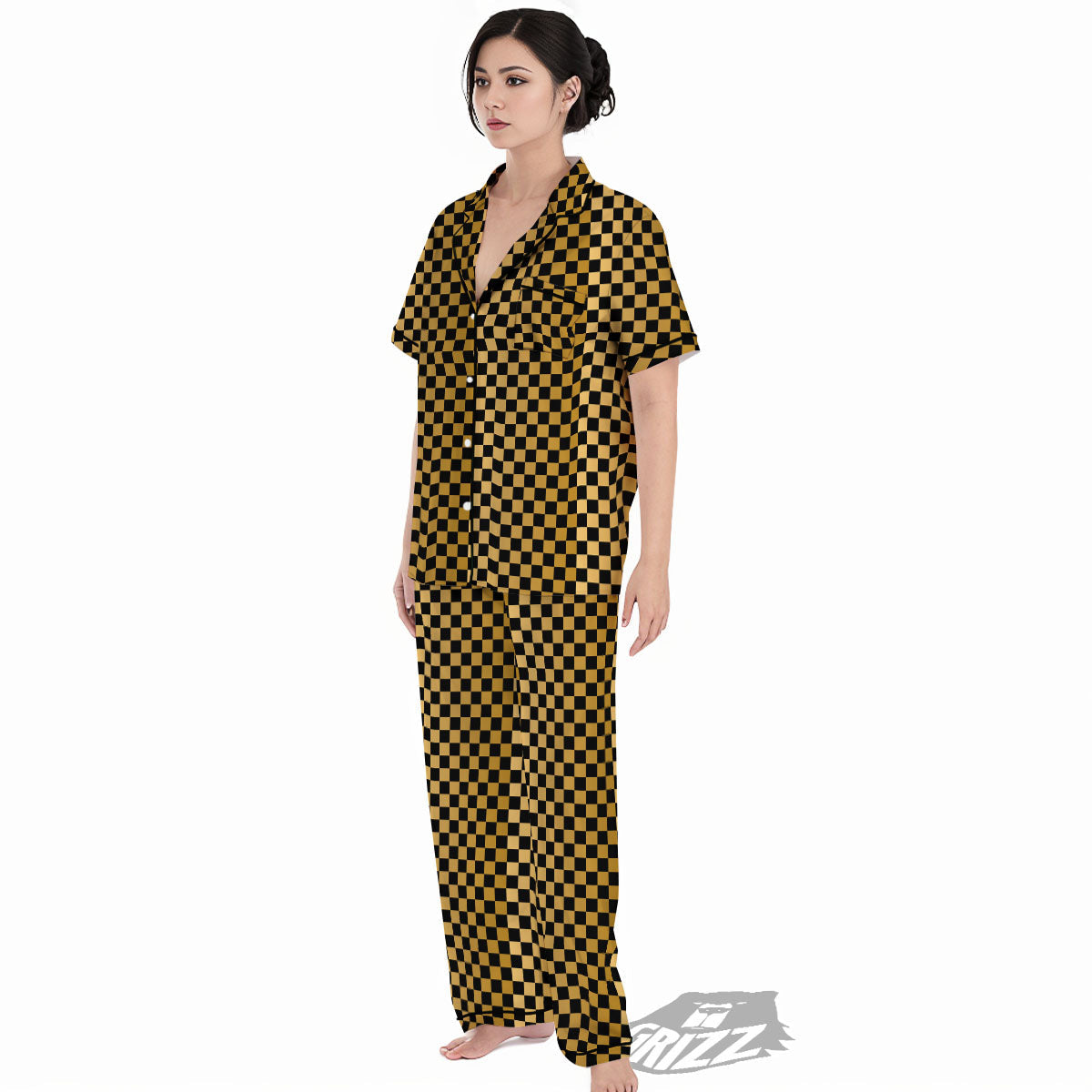 Checkered Black And Gold Print Pattern Women's Pajamas Set-grizzshop