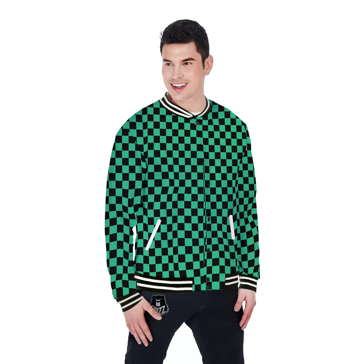 Checkered Black And Green Print Pattern Baseball Jacket-grizzshop