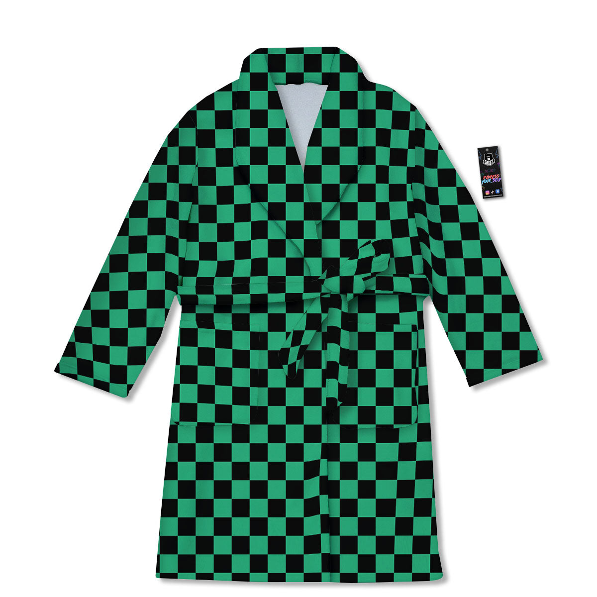 Checkered Black And Green Print Pattern Bathrobe-grizzshop