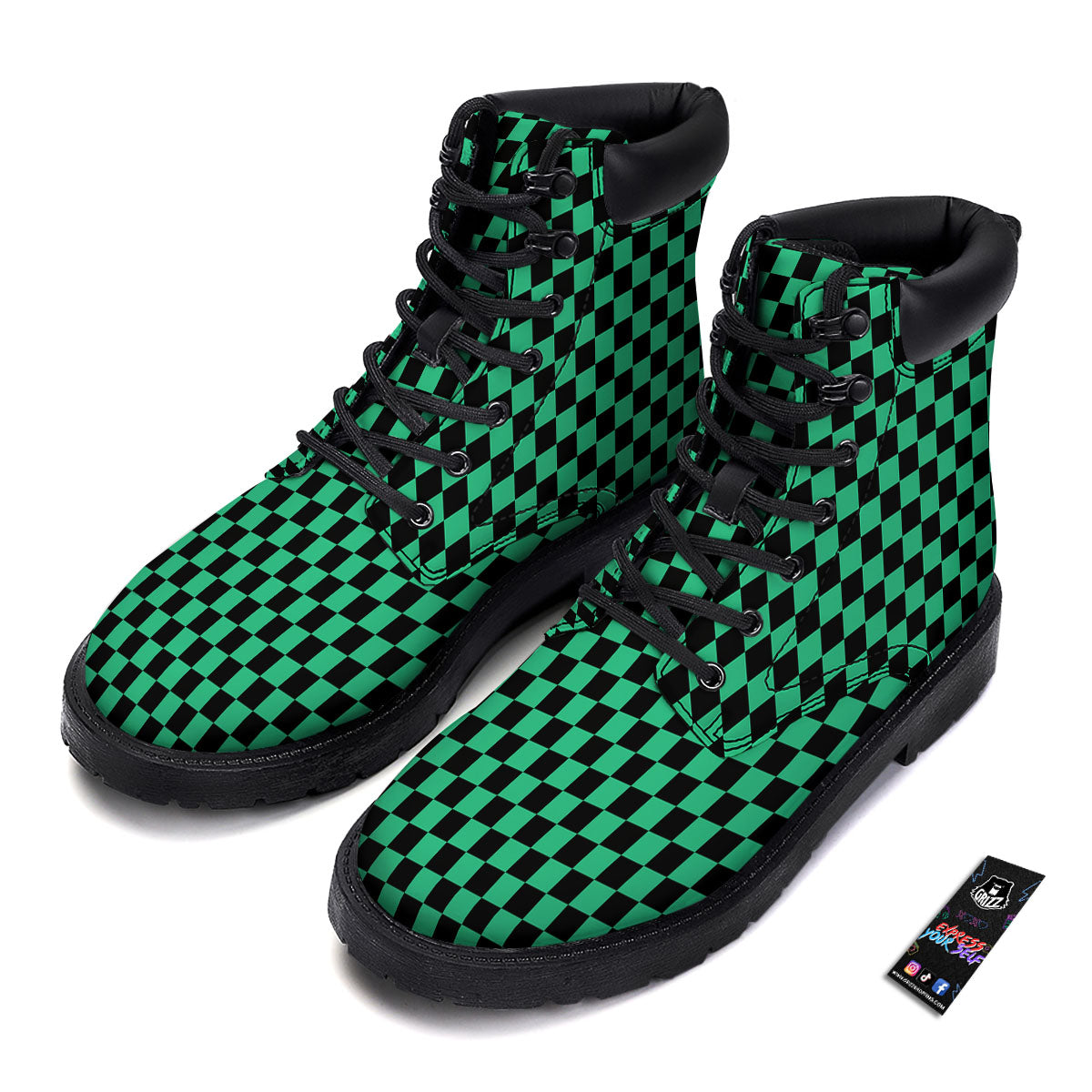 Checkered Black And Green Print Pattern Boots-grizzshop