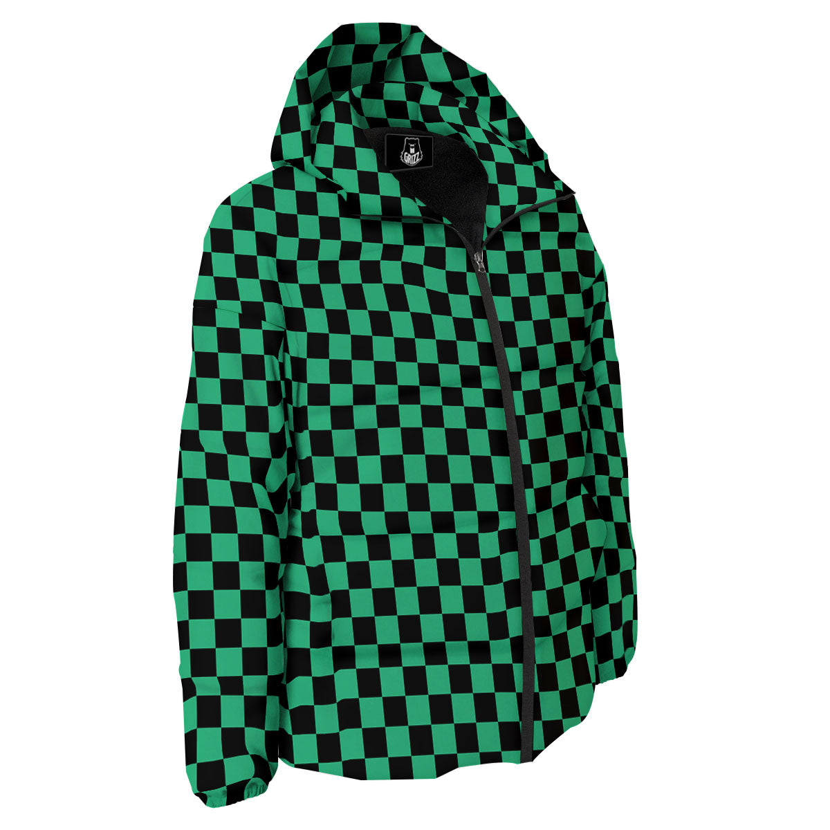 Checkered Black And Green Print Pattern Down Jacket-grizzshop