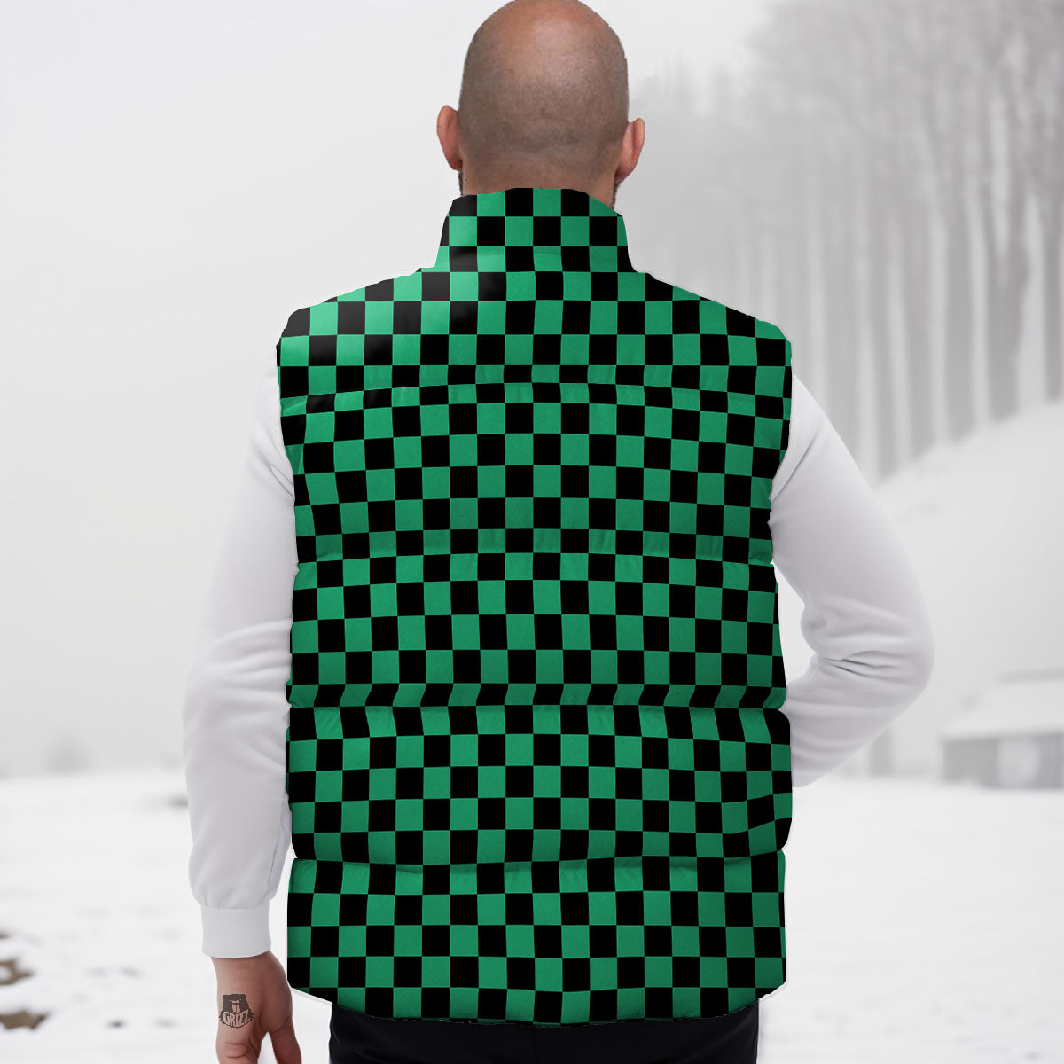 Checkered Black And Green Print Pattern Down Vest