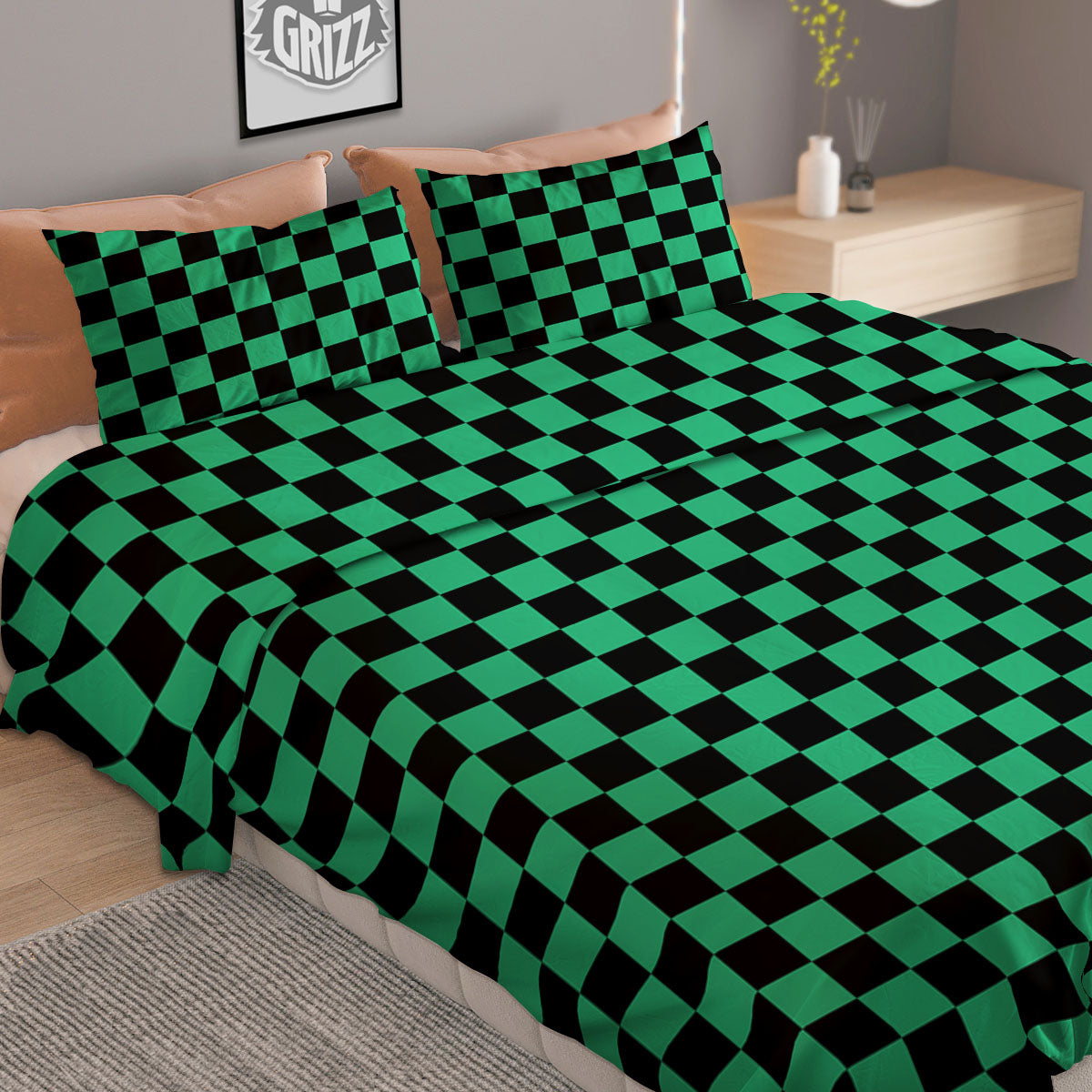 Checkered Black And Green Print Pattern Duvet Cover Bedding Set