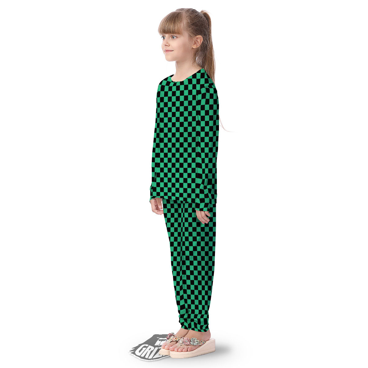 Checkered Black And Green Print Pattern Kid's Pajamas-grizzshop
