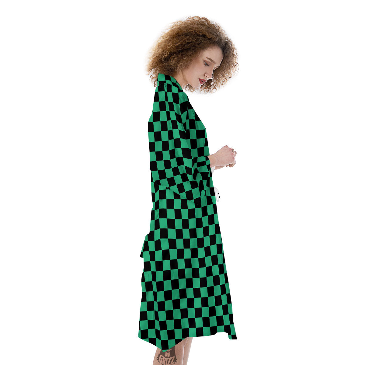 Checkered Black And Green Print Pattern Kimono-grizzshop