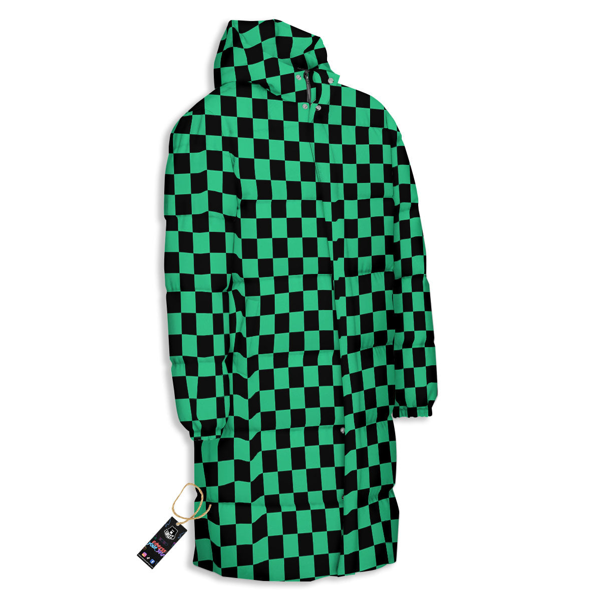 Checkered Black And Green Print Pattern Long Down Jacket-grizzshop
