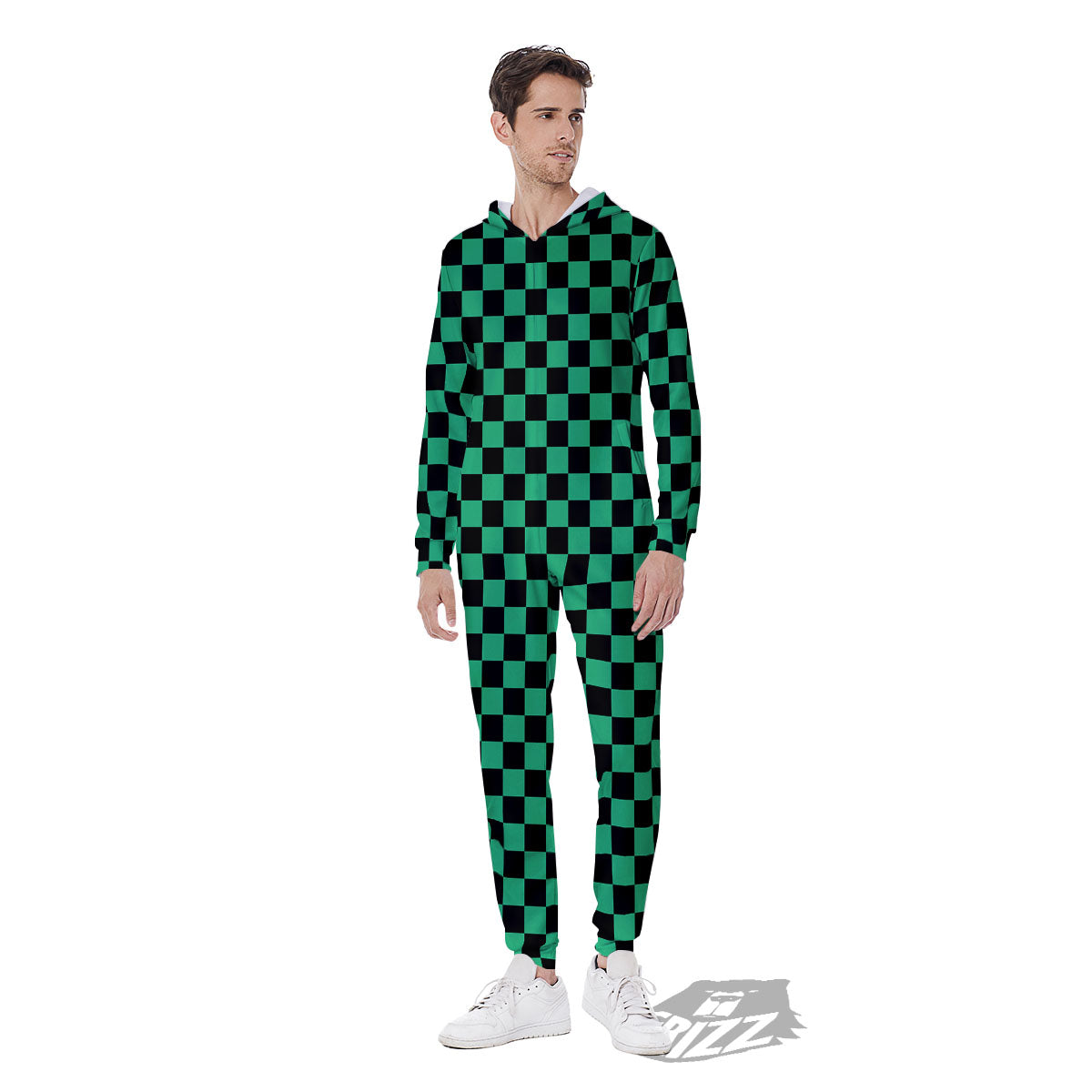 Checkered Black And Green Print Pattern Men's Jumpsuit-grizzshop