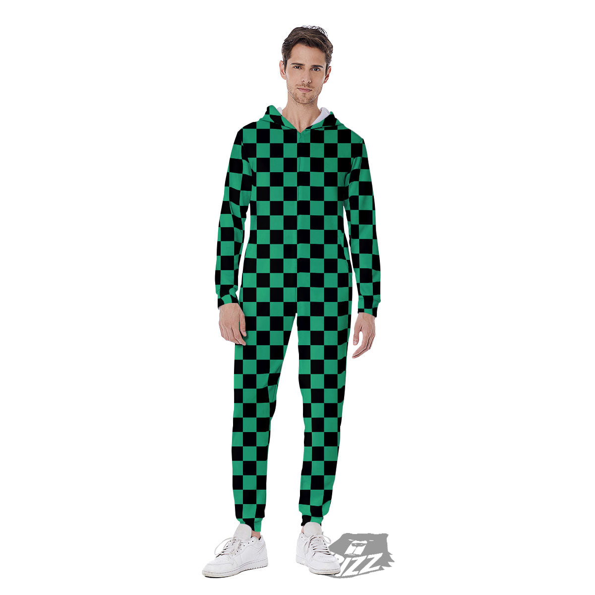 Checkered Black And Green Print Pattern Men's Jumpsuit-grizzshop