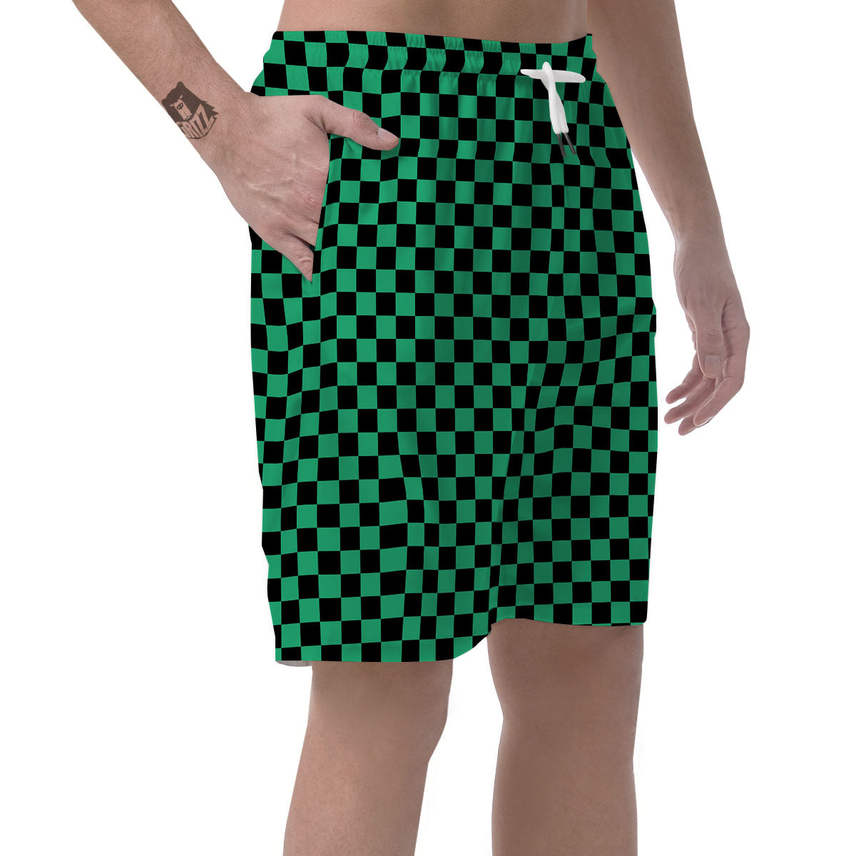 Checkered Black And Green Print Pattern Men's Shorts-grizzshop