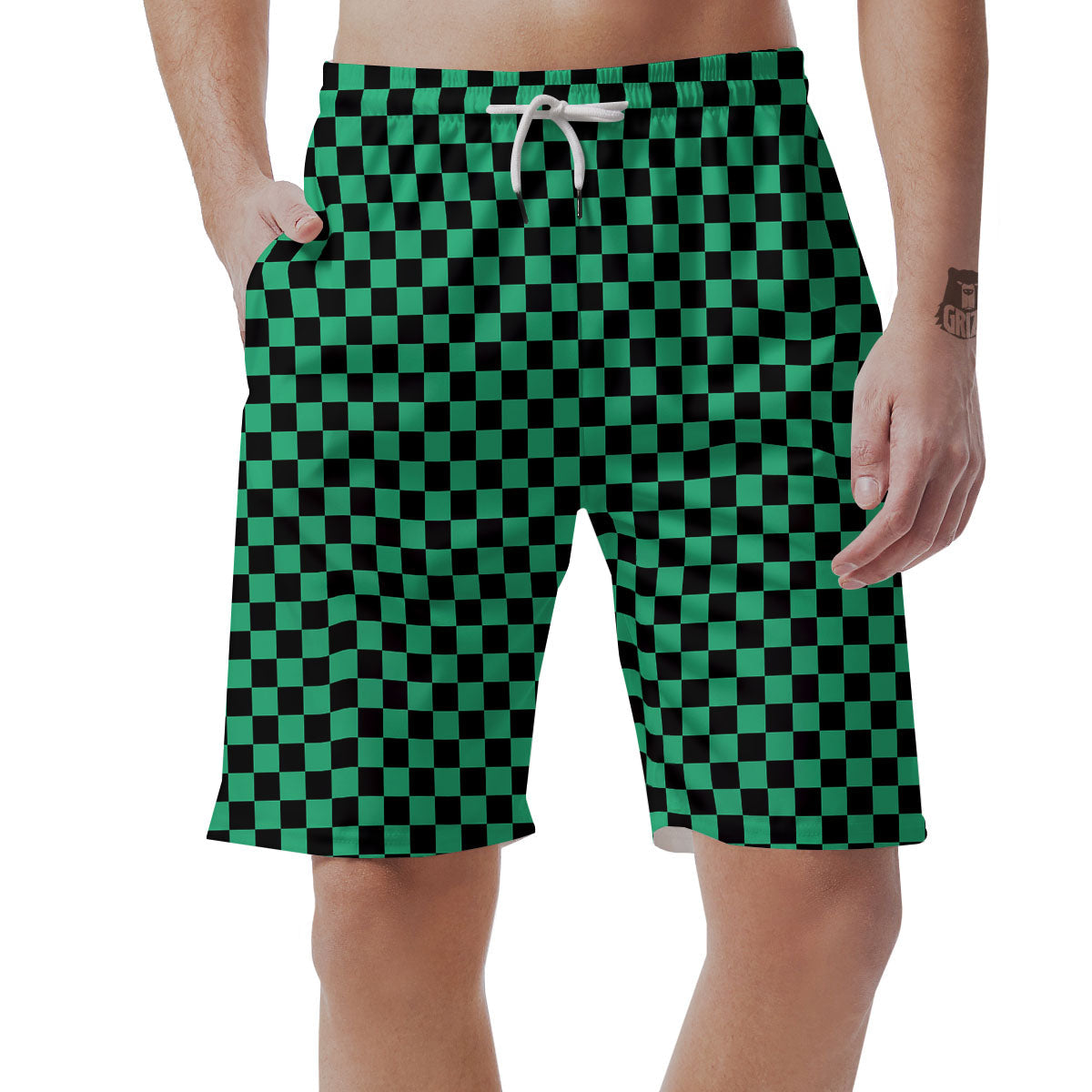 Checkered Black And Green Print Pattern Men's Shorts-grizzshop