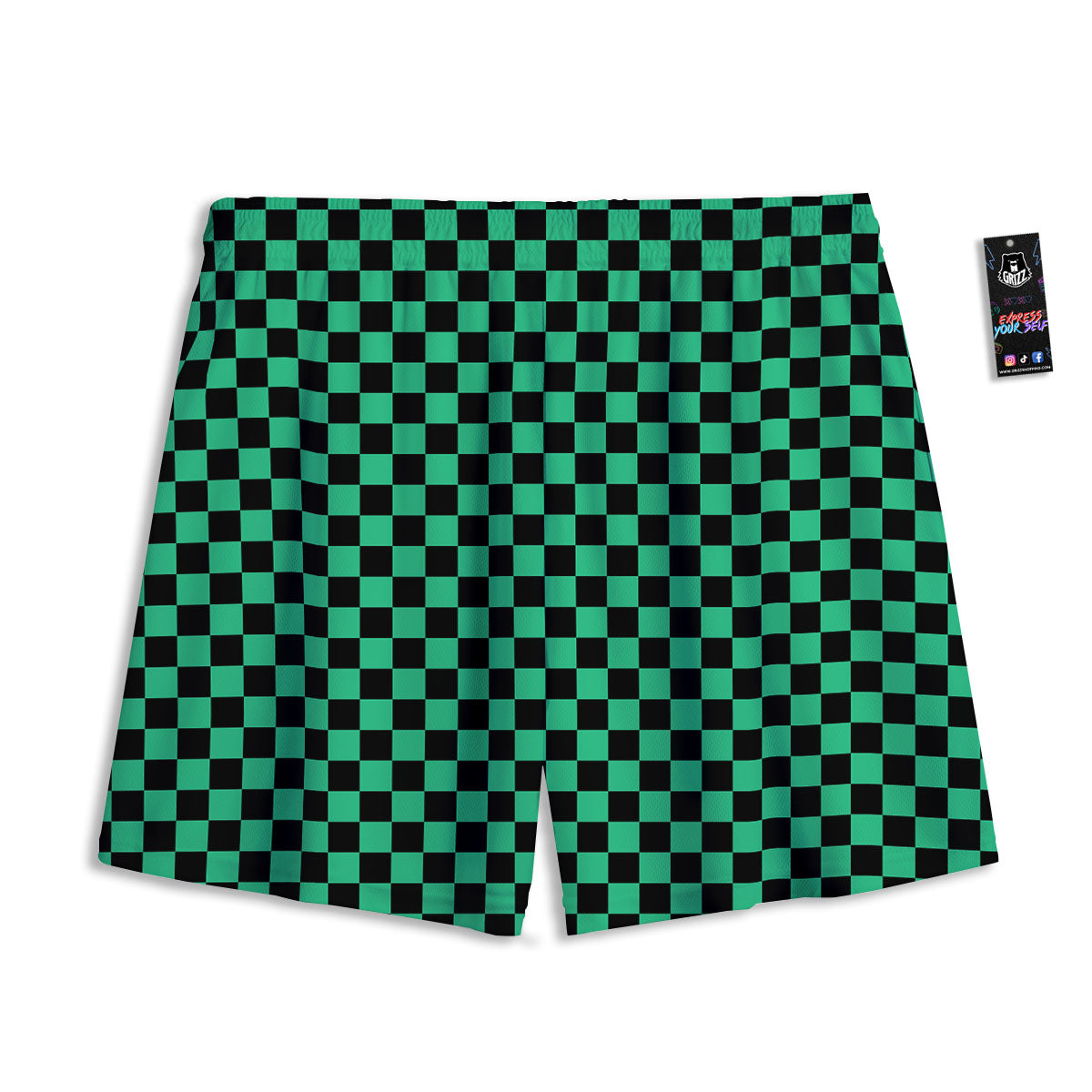 Checkered Black And Green Print Pattern Mesh Shorts