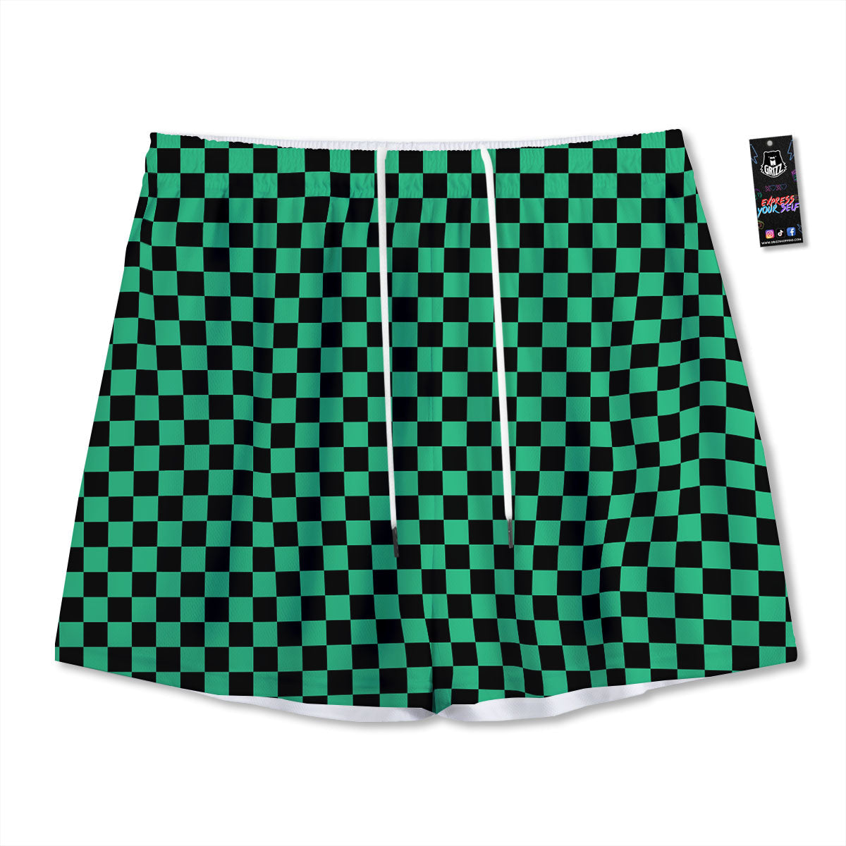 Checkered Black And Green Print Pattern Mesh Shorts