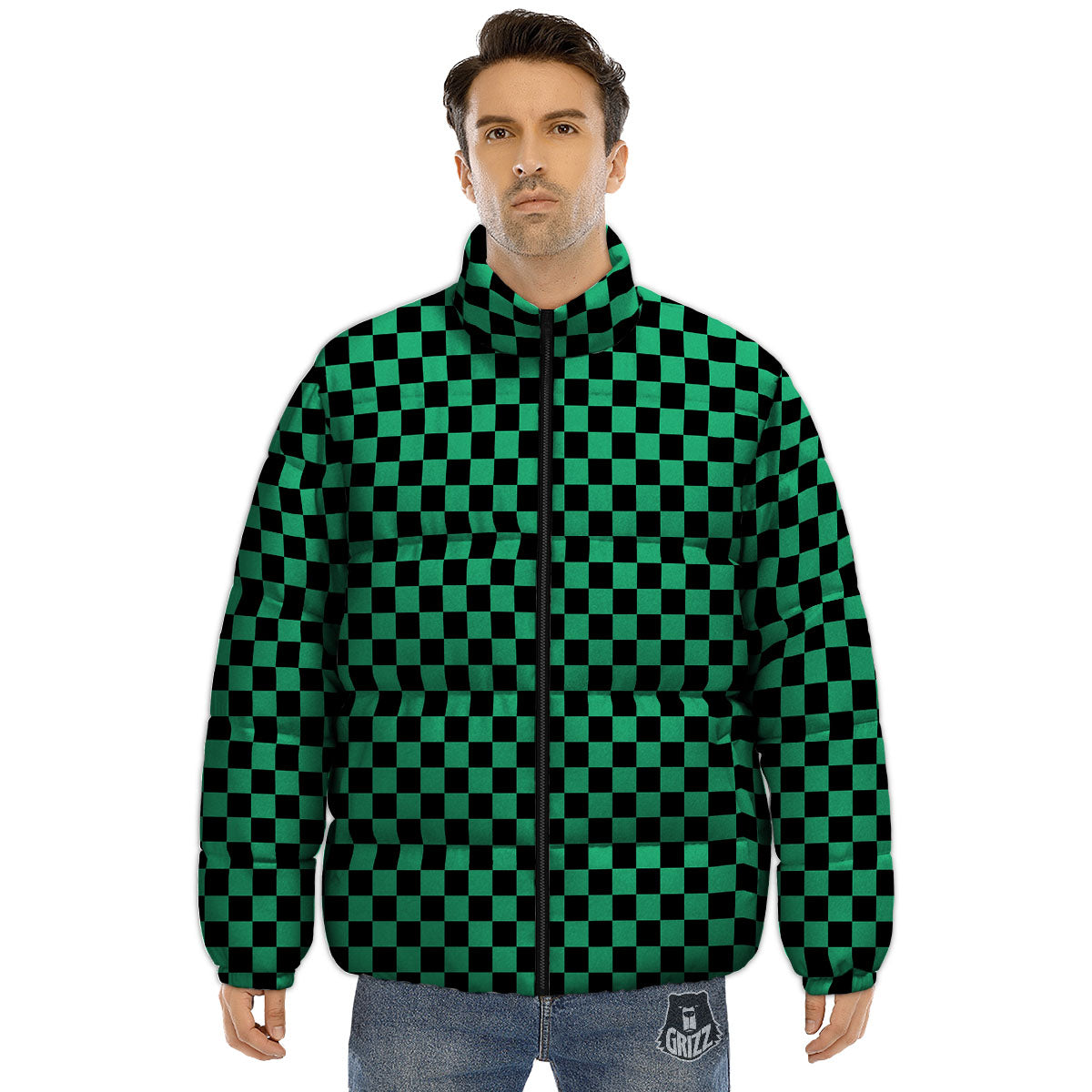 Checkered Black And Green Print Pattern Puffer Jacket-grizzshop
