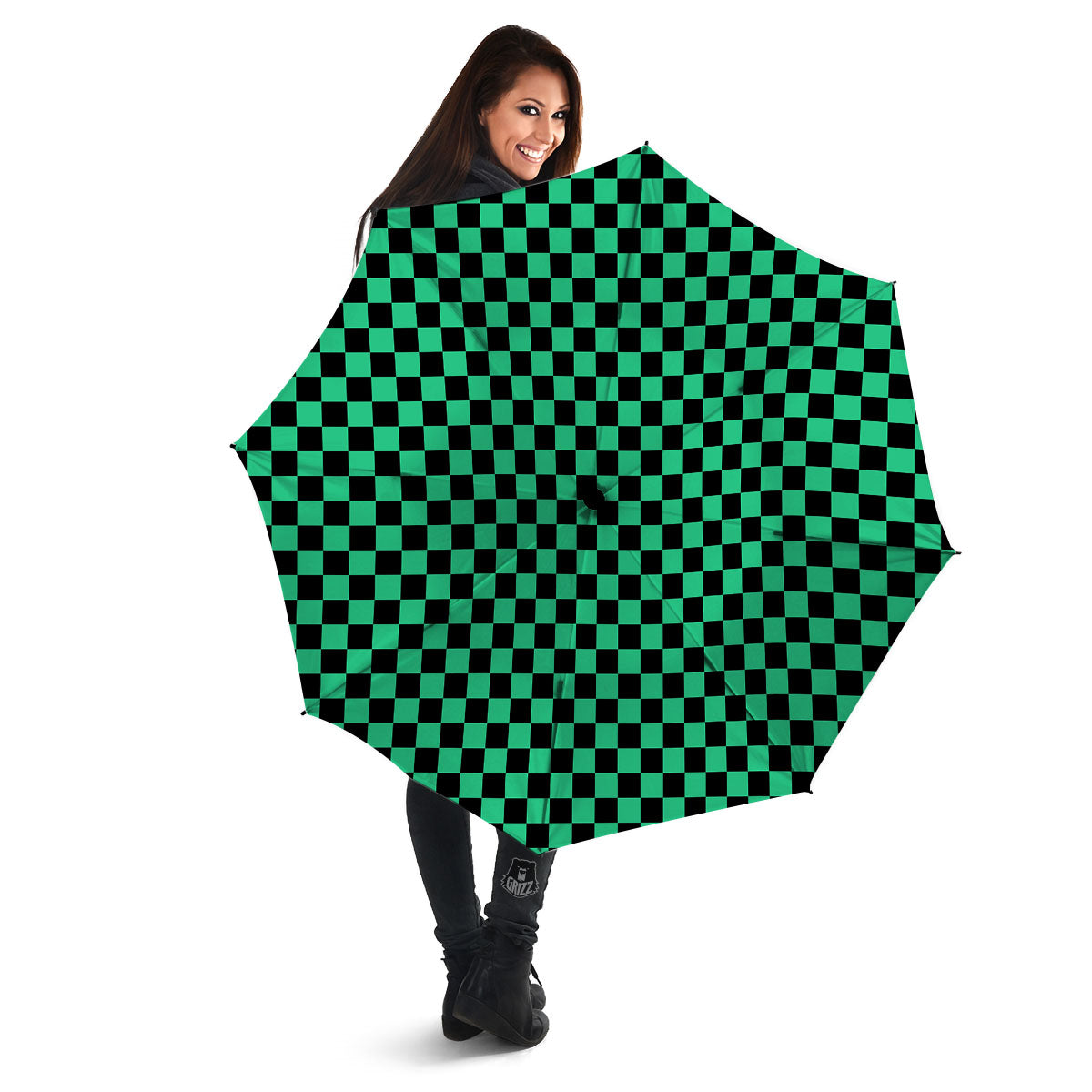 Checkered Black And Green Print Pattern Umbrella-grizzshop