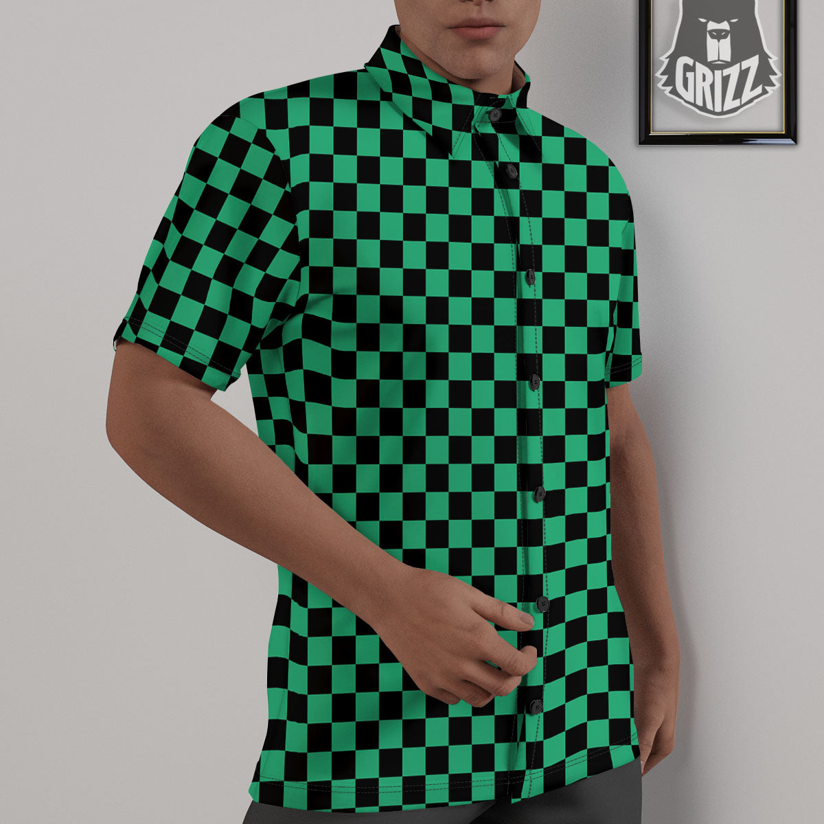 Checkered Black And Green Print Pattern Untucked Shirts-grizzshop