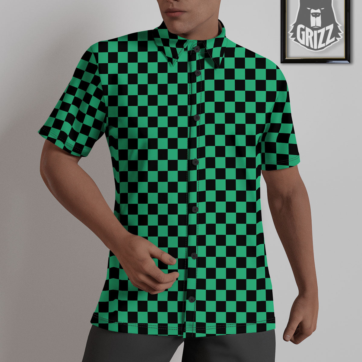 Checkered Black And Green Print Pattern Untucked Shirts-grizzshop