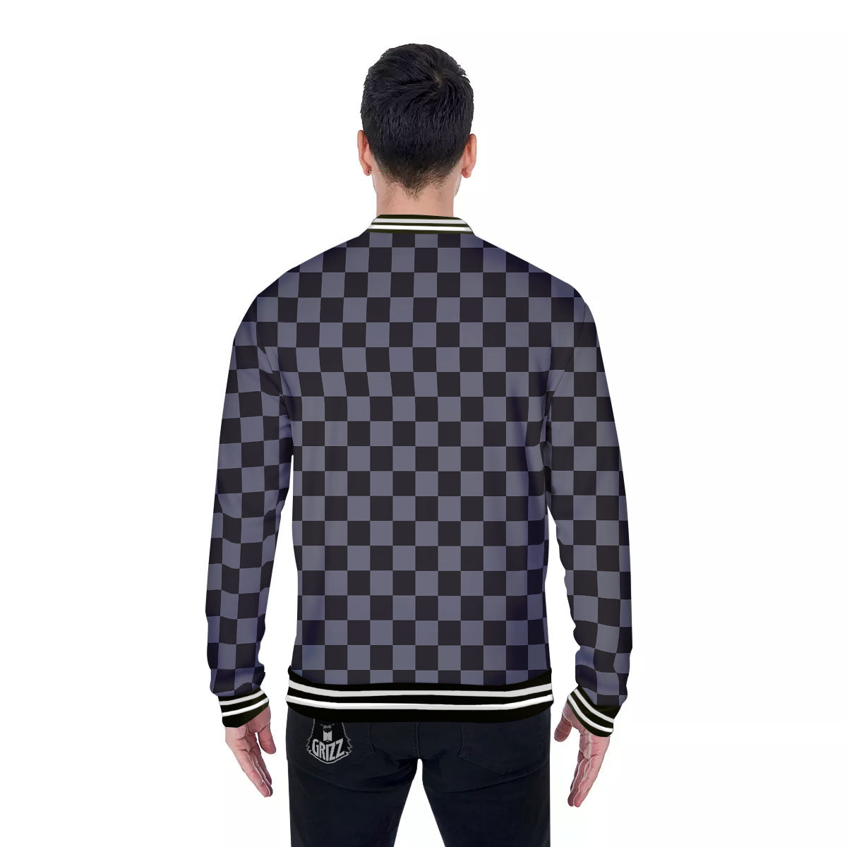 Checkered Black And Grey Print Pattern Baseball Jacket-grizzshop