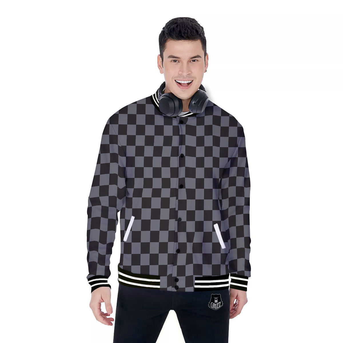 Checkered Black And Grey Print Pattern Baseball Jacket-grizzshop