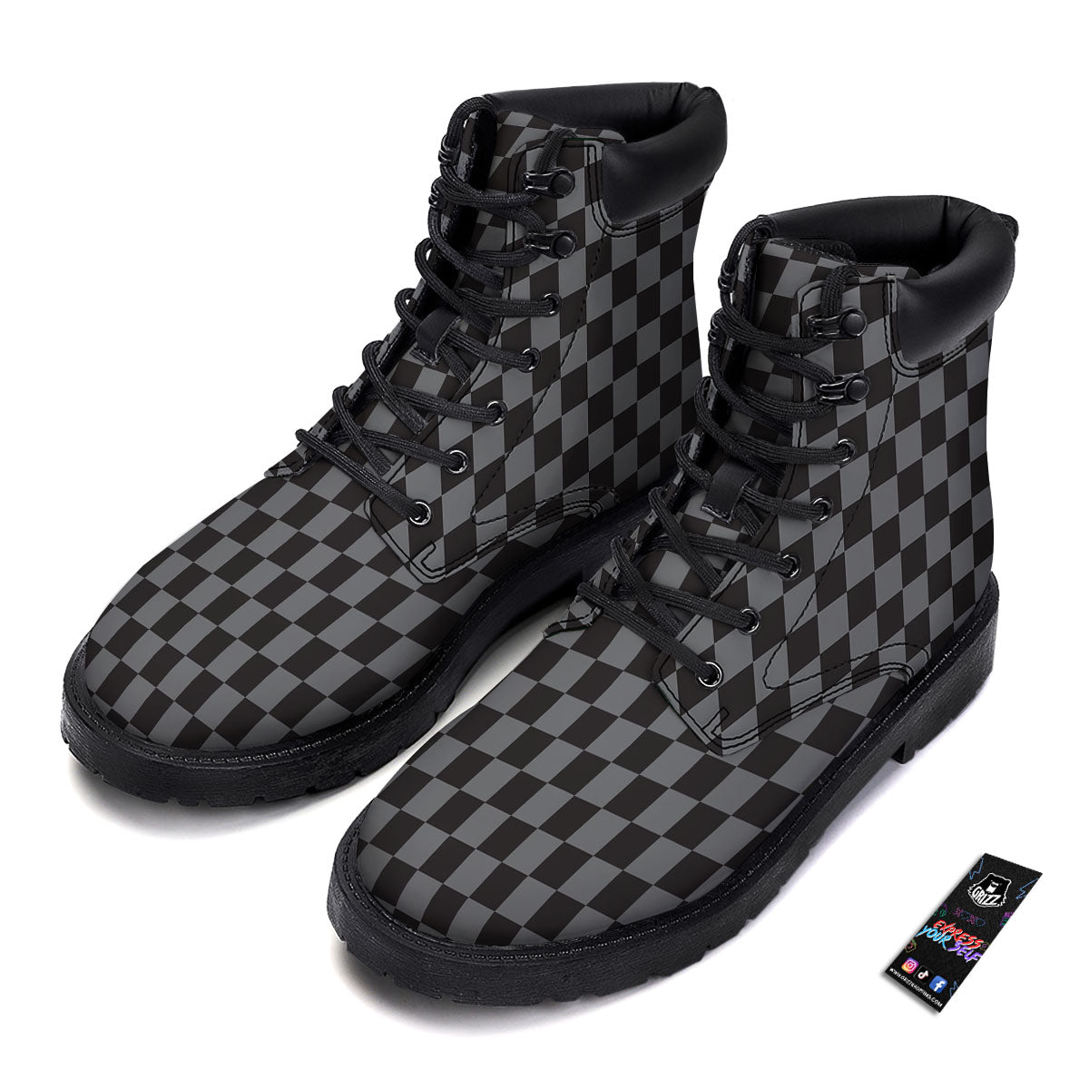 Checkered Black And Grey Print Pattern Boots-grizzshop