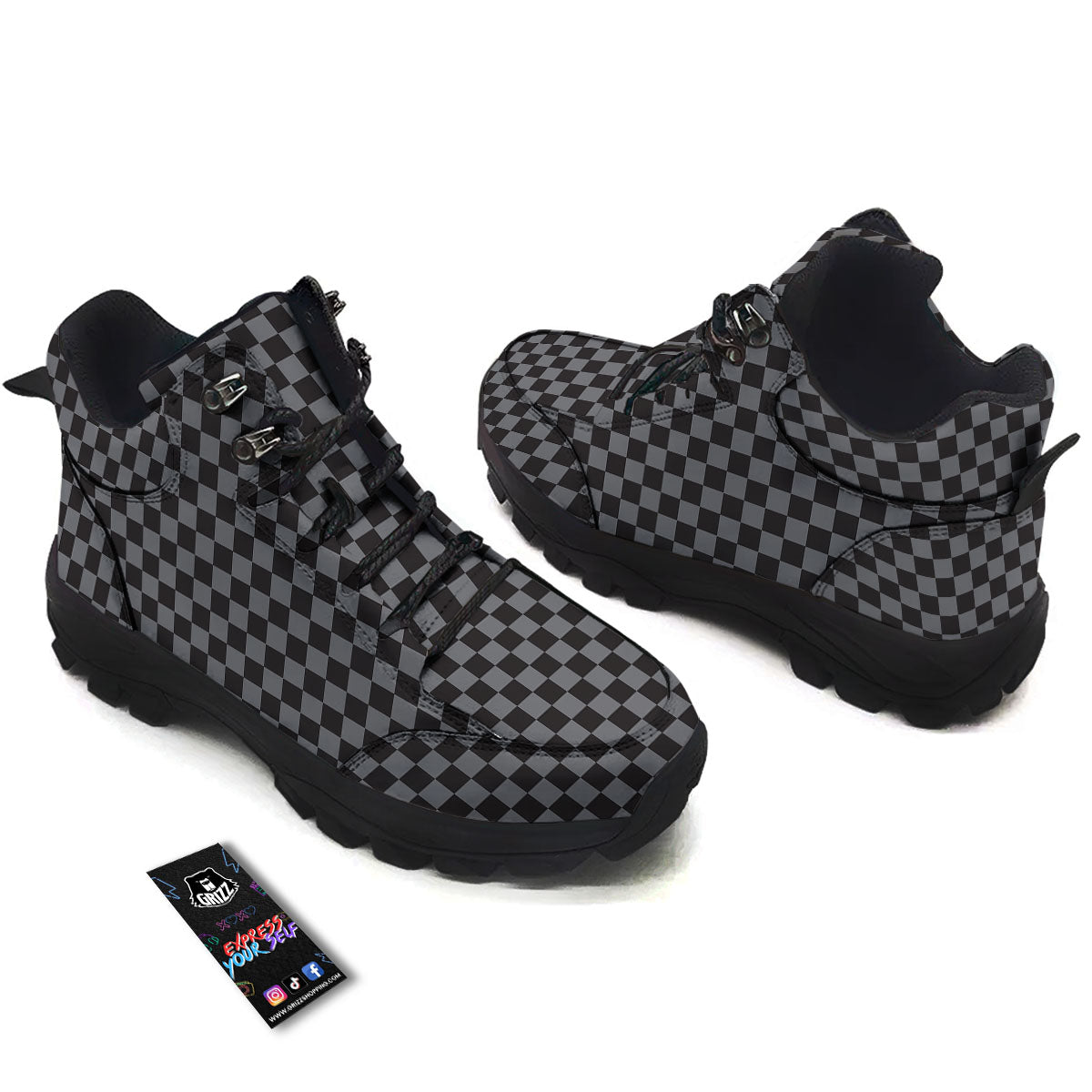Checkered Black And Grey Print Pattern Hiking Shoes-grizzshop