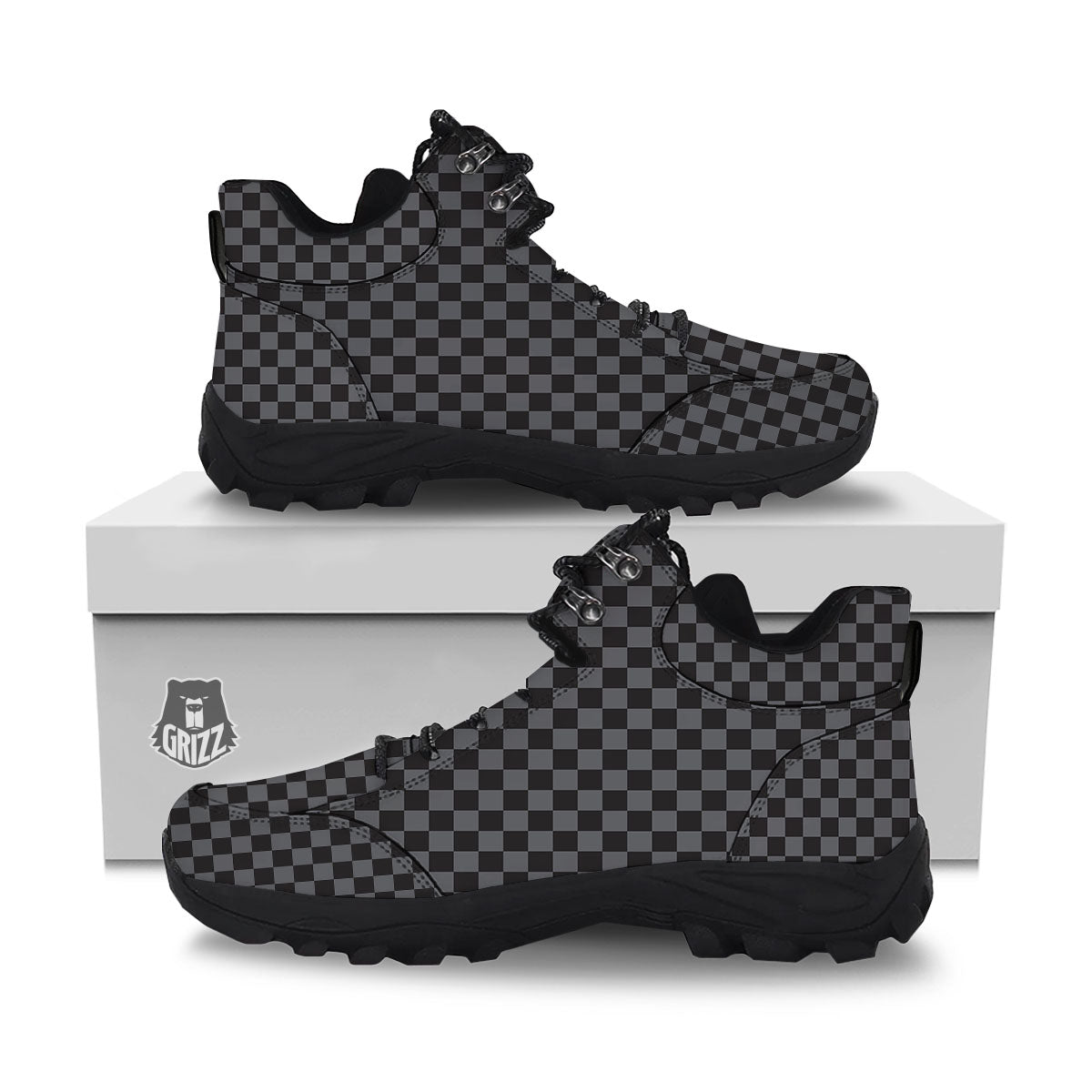 Checkered Black And Grey Print Pattern Hiking Shoes-grizzshop