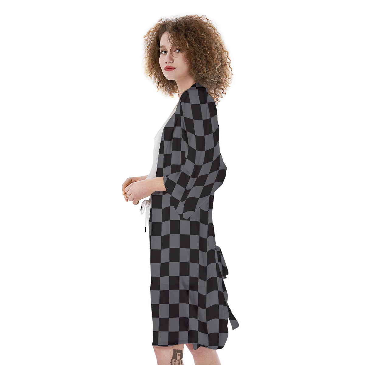 Checkered Black And Grey Print Pattern Kimono-grizzshop