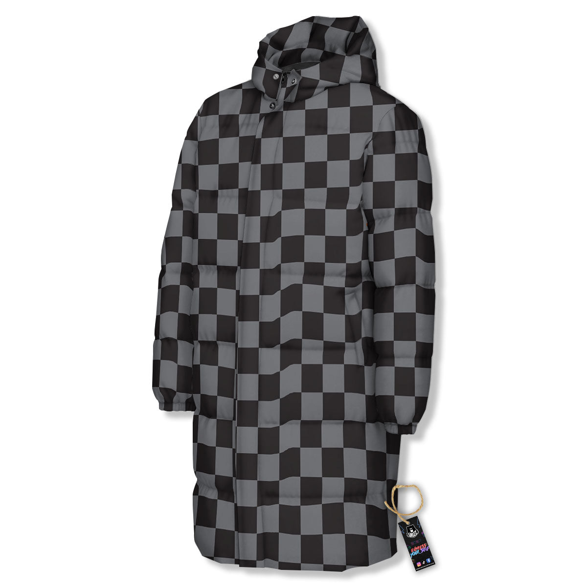 Checkered Black And Grey Print Pattern Long Down Jacket-grizzshop