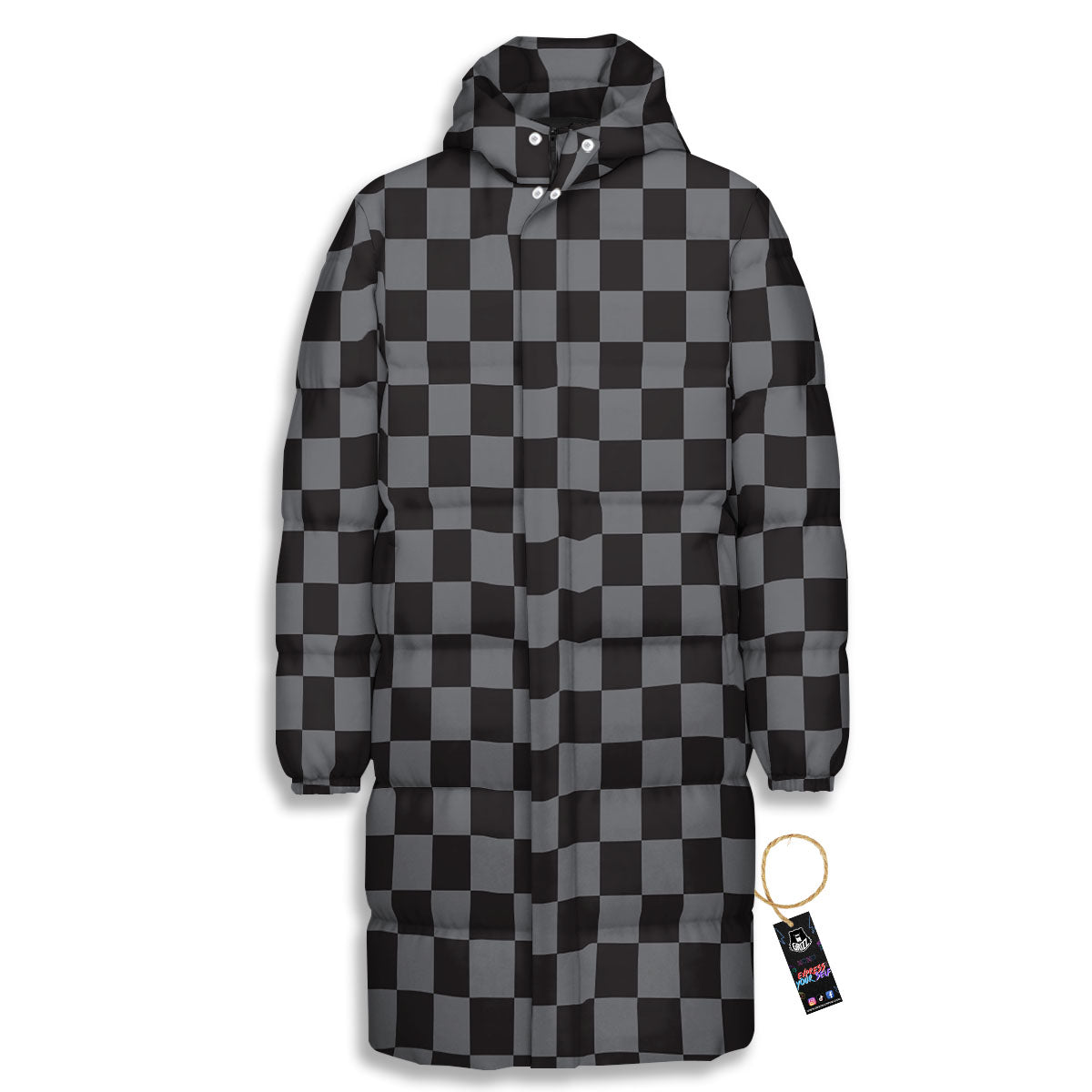 Checkered Black And Grey Print Pattern Long Down Jacket-grizzshop