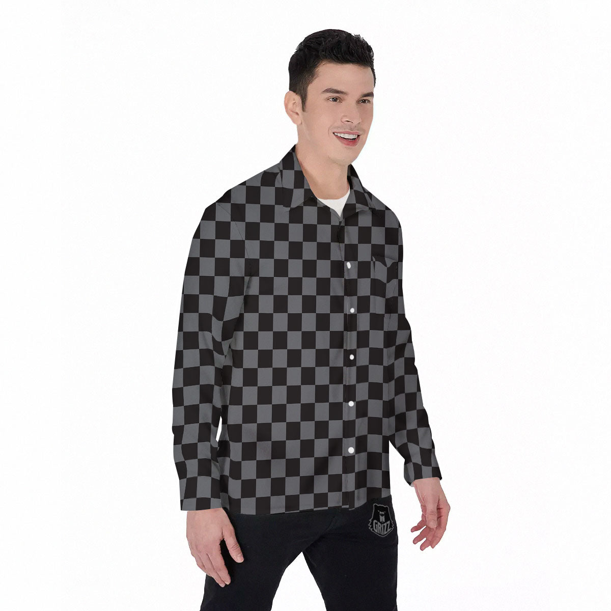 Checkered Black And Grey Print Pattern Men's Long Sleeve Shirts-grizzshop