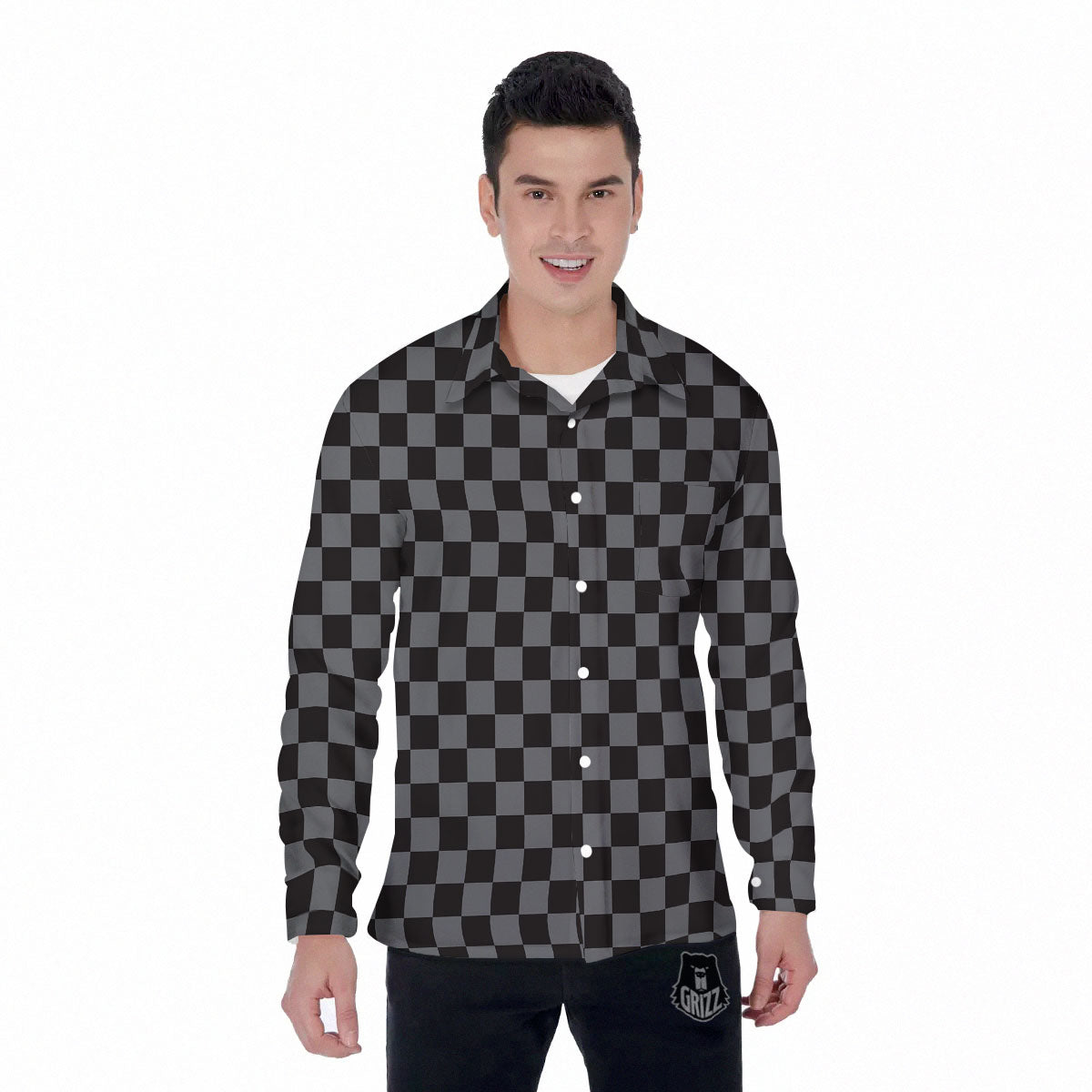 Checkered Black And Grey Print Pattern Men's Long Sleeve Shirts-grizzshop