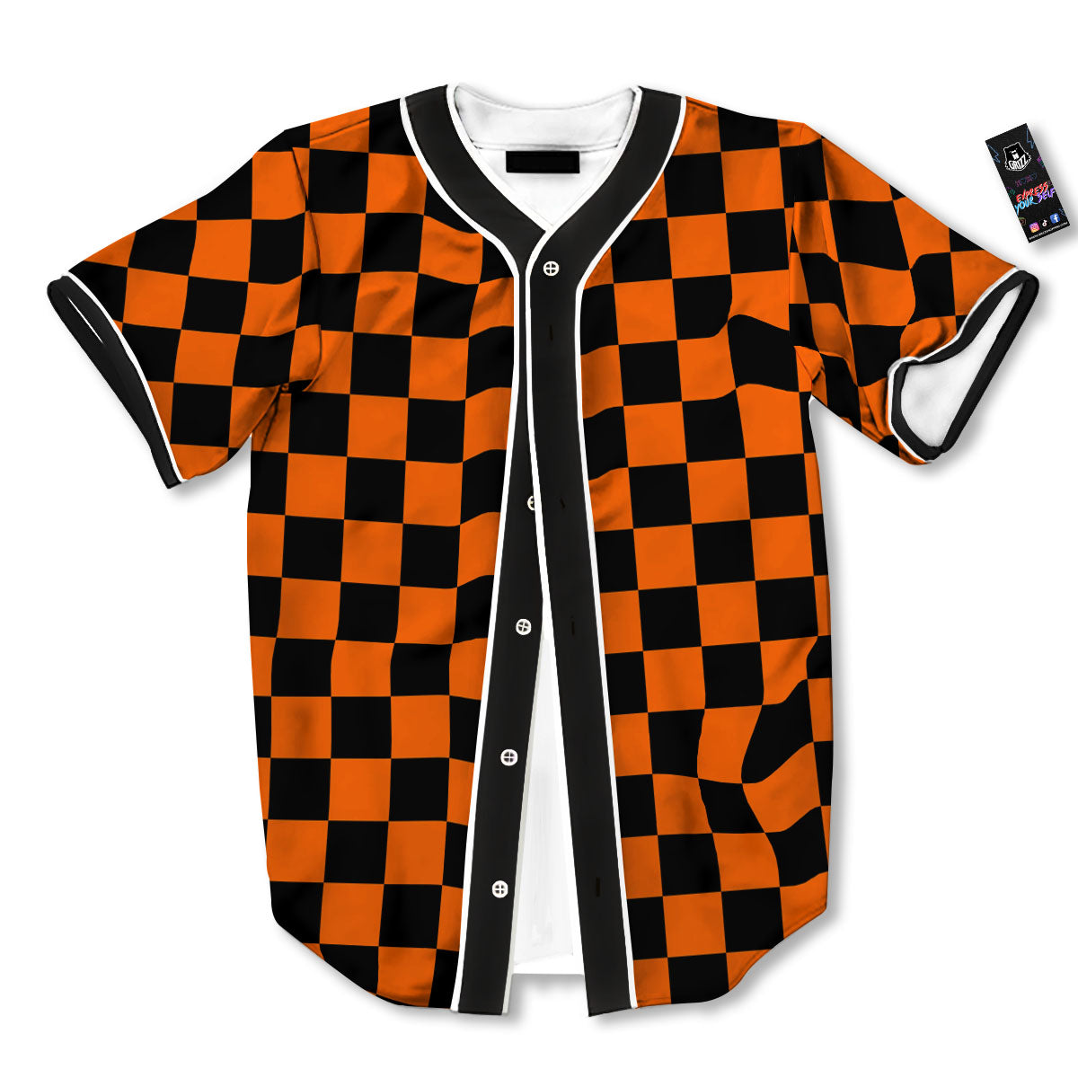 Checkered Black And Orange Print Pattern Baseball Jersey-grizzshop
