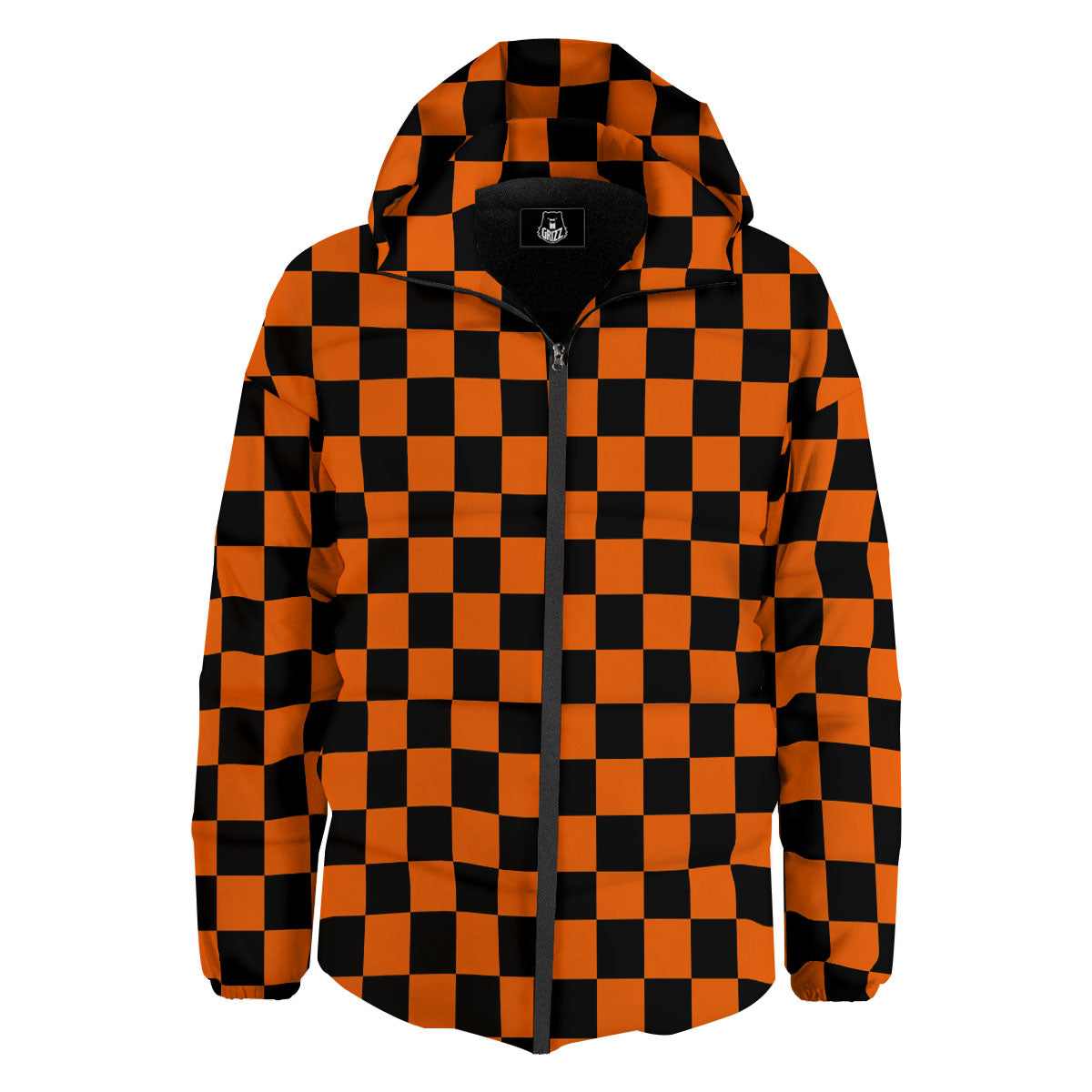 Checkered Black And Orange Print Pattern Down Jacket-grizzshop