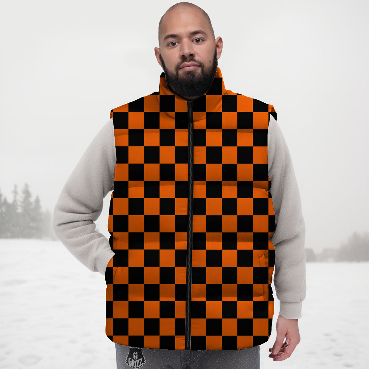 Checkered Black And Orange Print Pattern Down Vest
