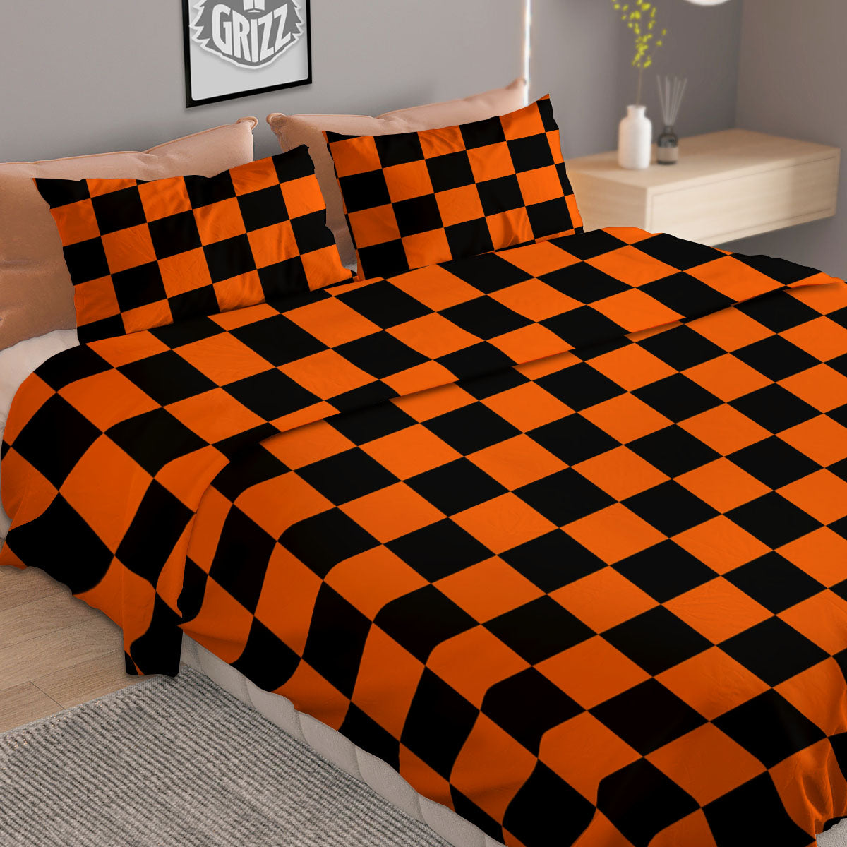 Checkered Black And Orange Print Pattern Duvet Cover Bedding Set