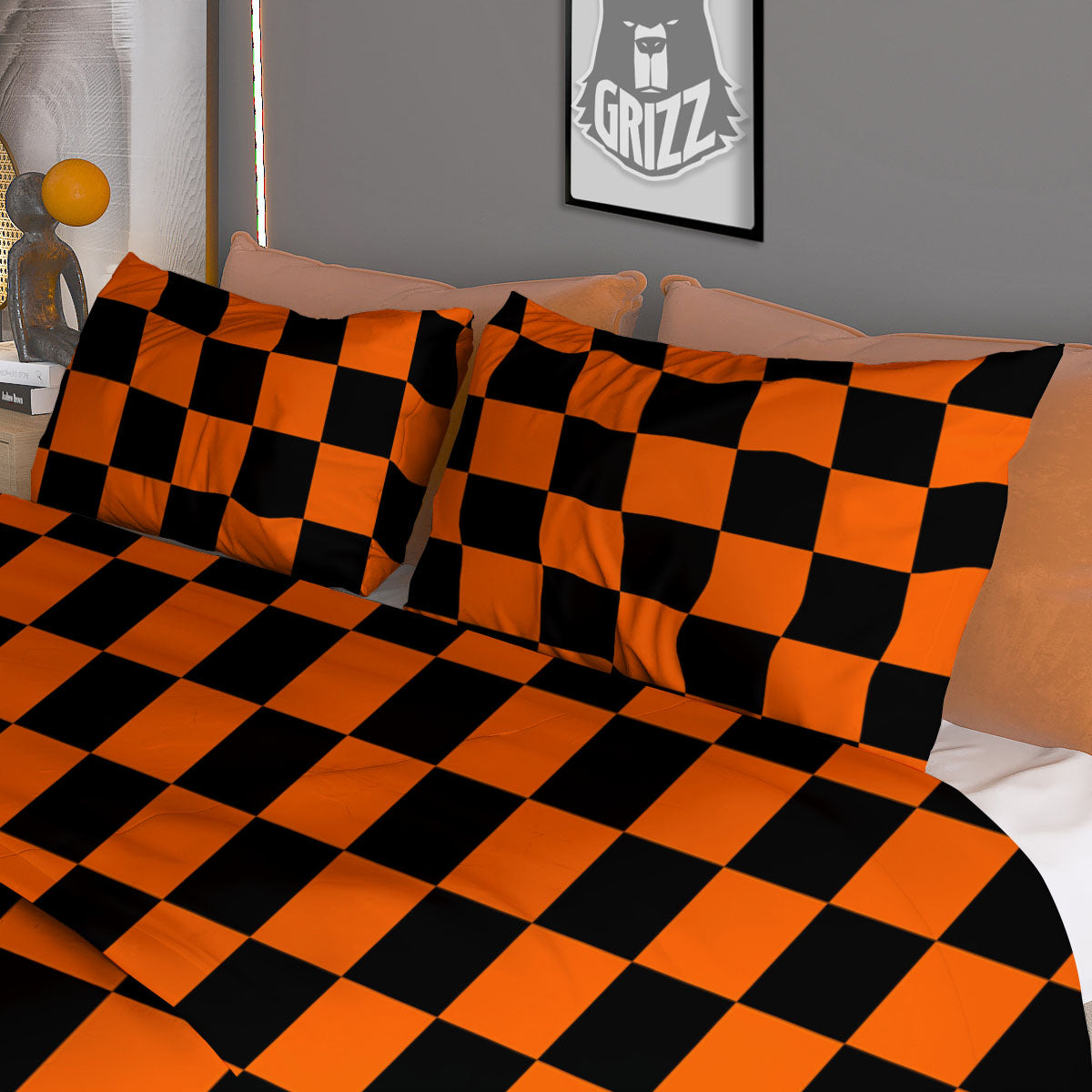 Checkered Black And Orange Print Pattern Duvet Cover Bedding Set