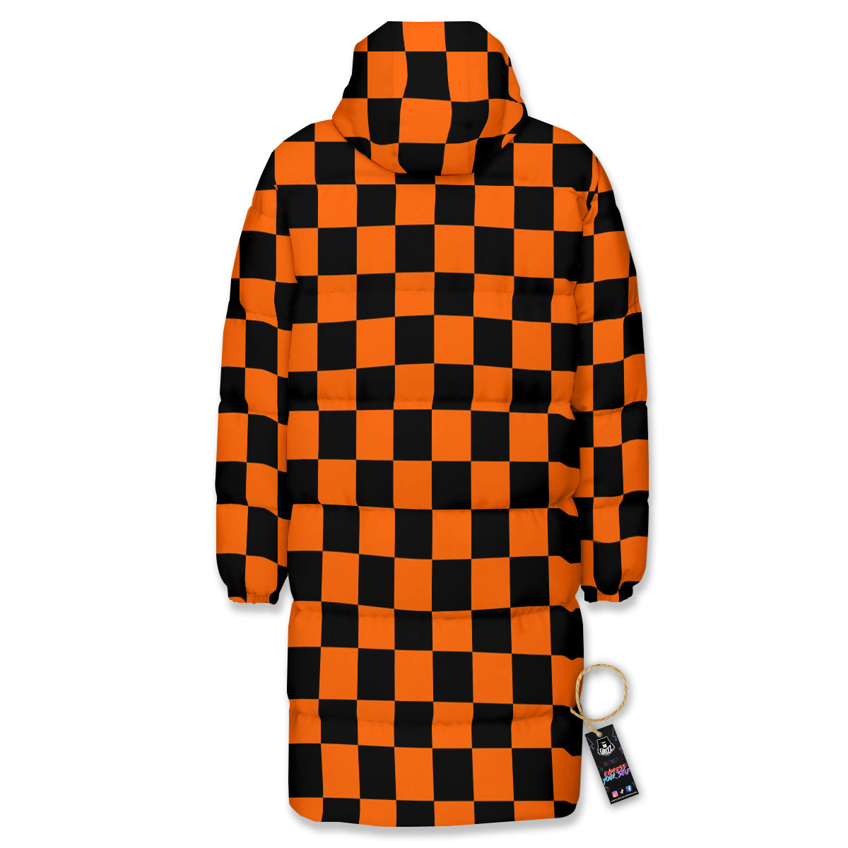 Checkered Black And Orange Print Pattern Long Down Jacket-grizzshop