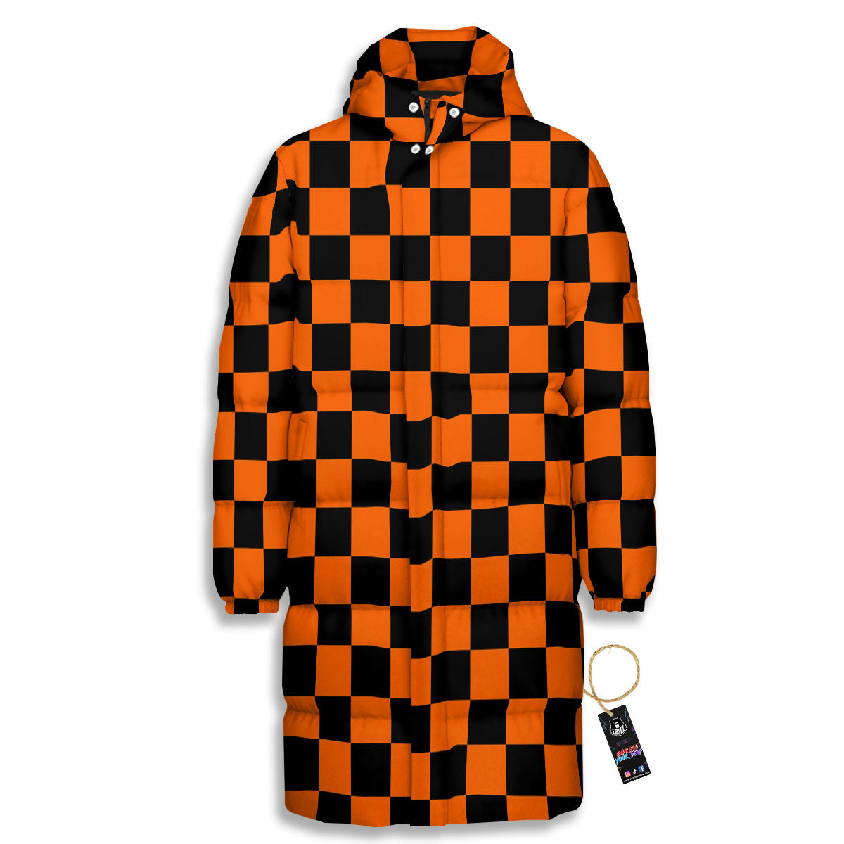 Checkered Black And Orange Print Pattern Long Down Jacket-grizzshop