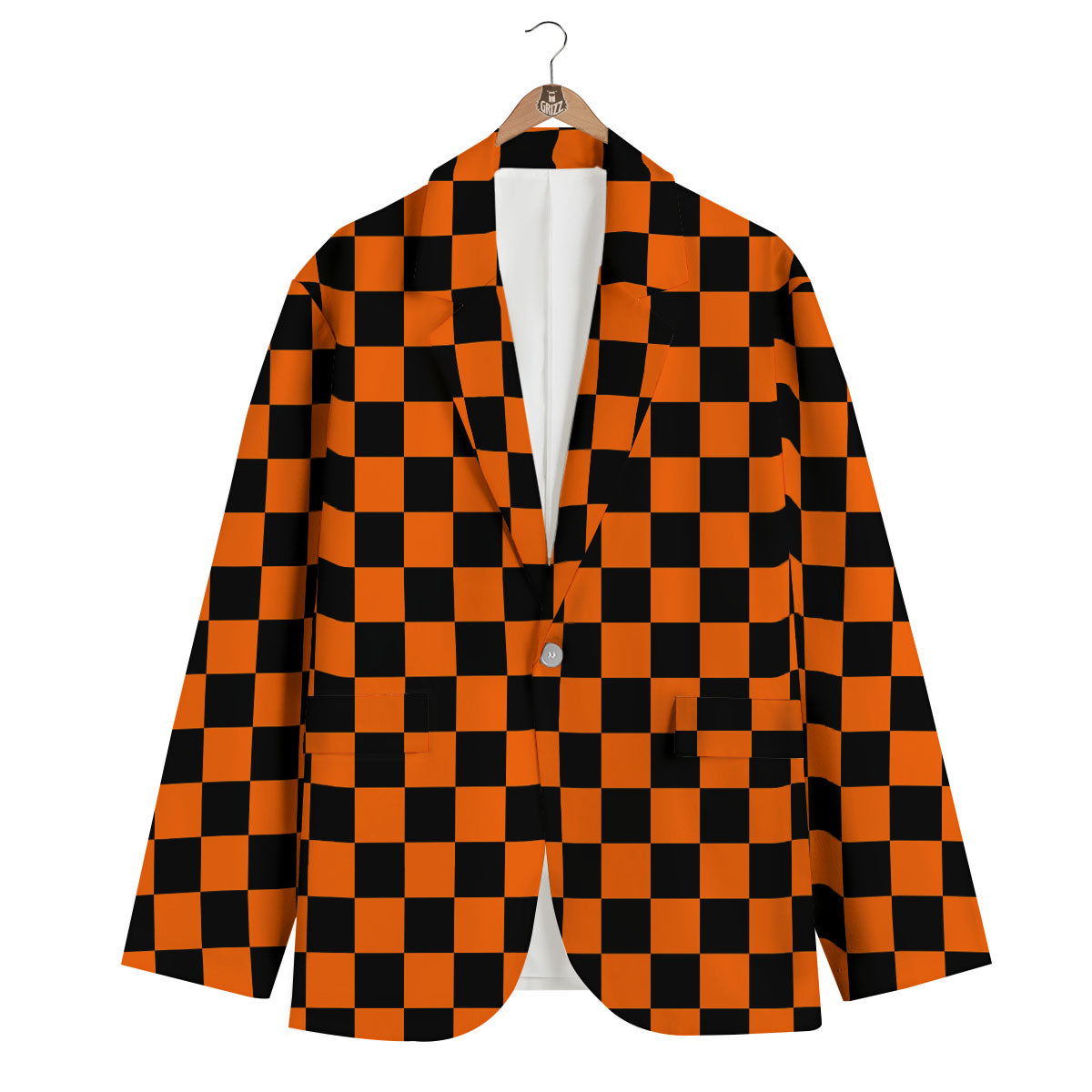 Checkered Black And Orange Print Pattern Men's Blazer-grizzshop