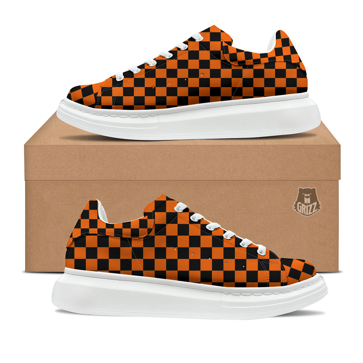 Checkered Black And Orange Print Pattern Platform Shoes-grizzshop