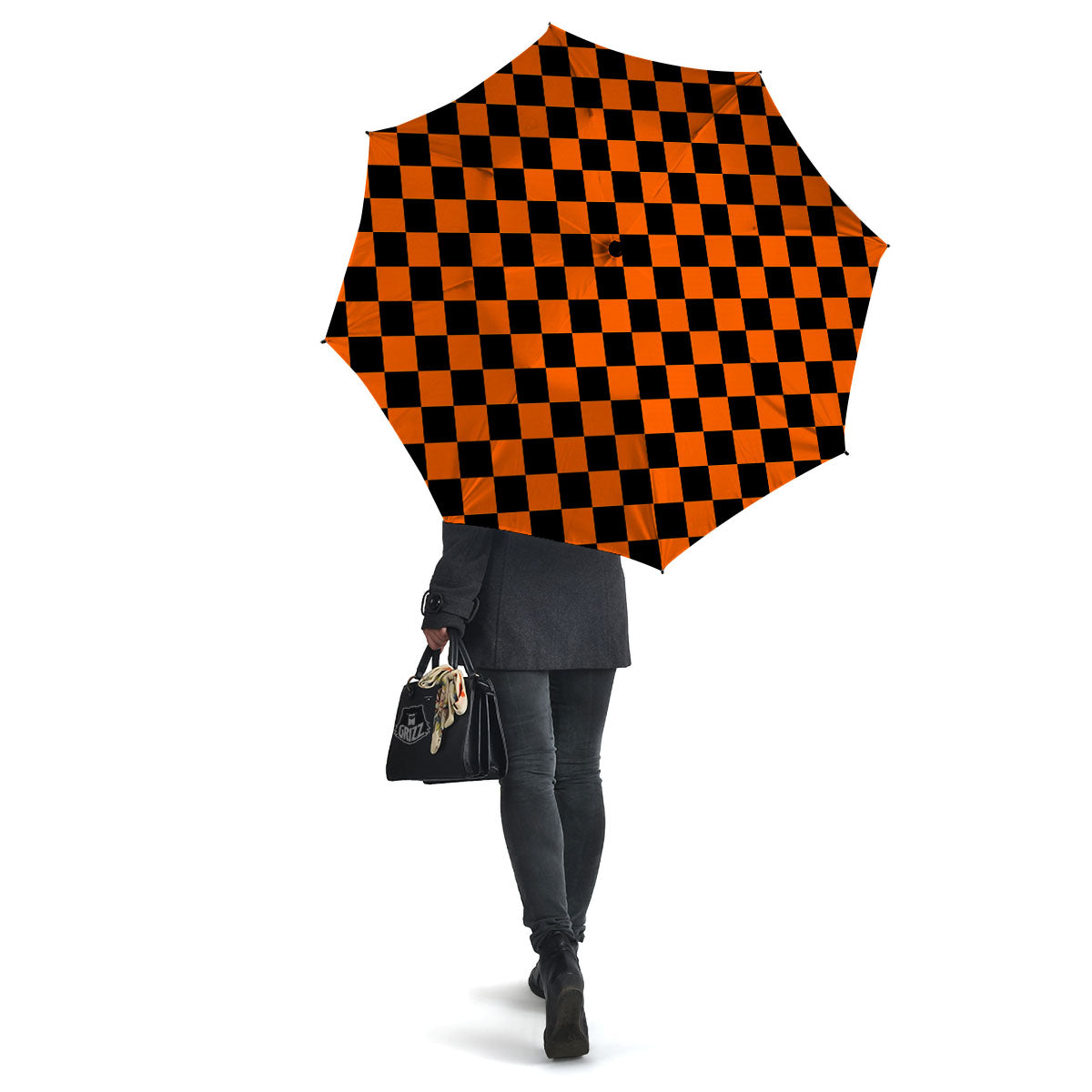 Checkered Black And Orange Print Pattern Umbrella-grizzshop