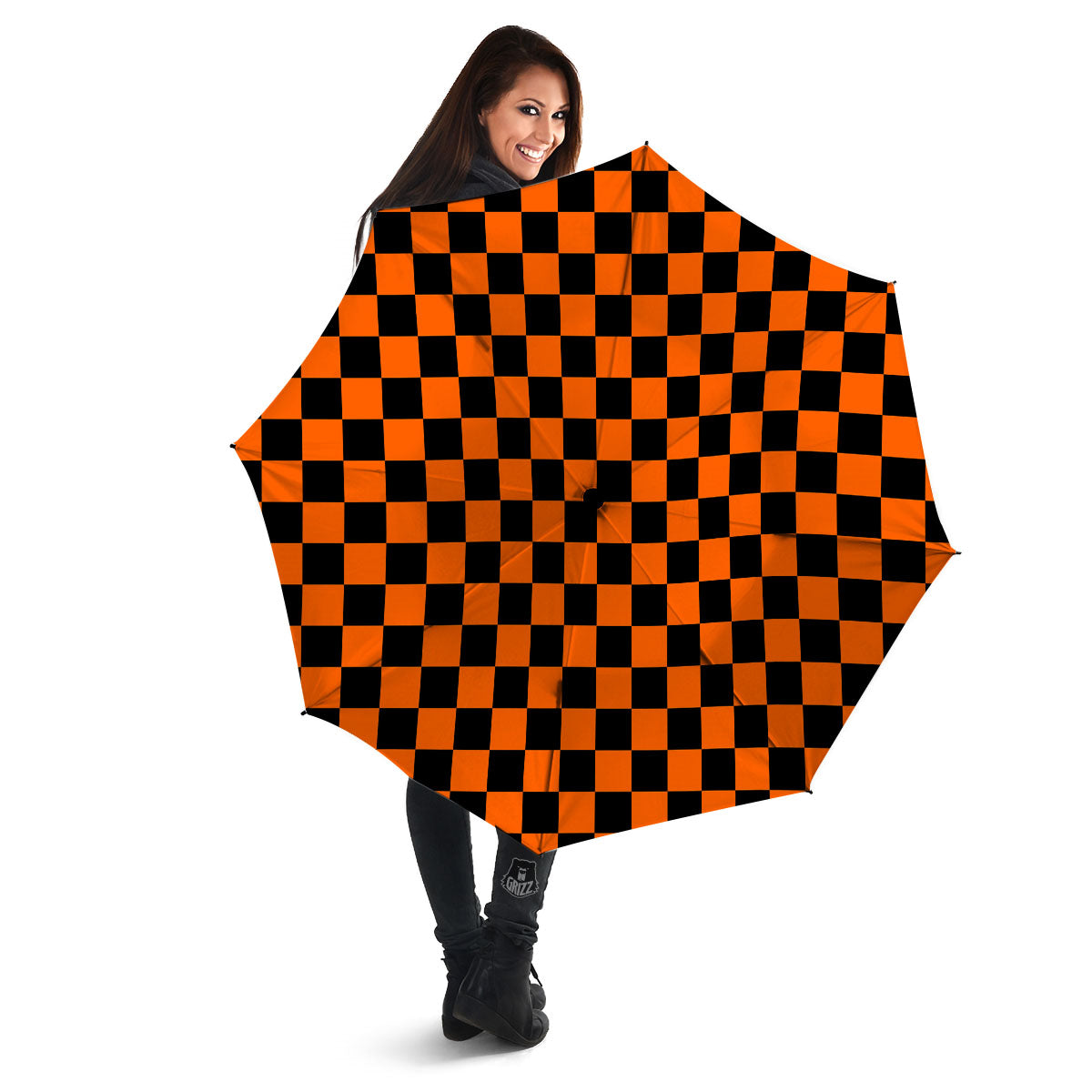 Checkered Black And Orange Print Pattern Umbrella-grizzshop