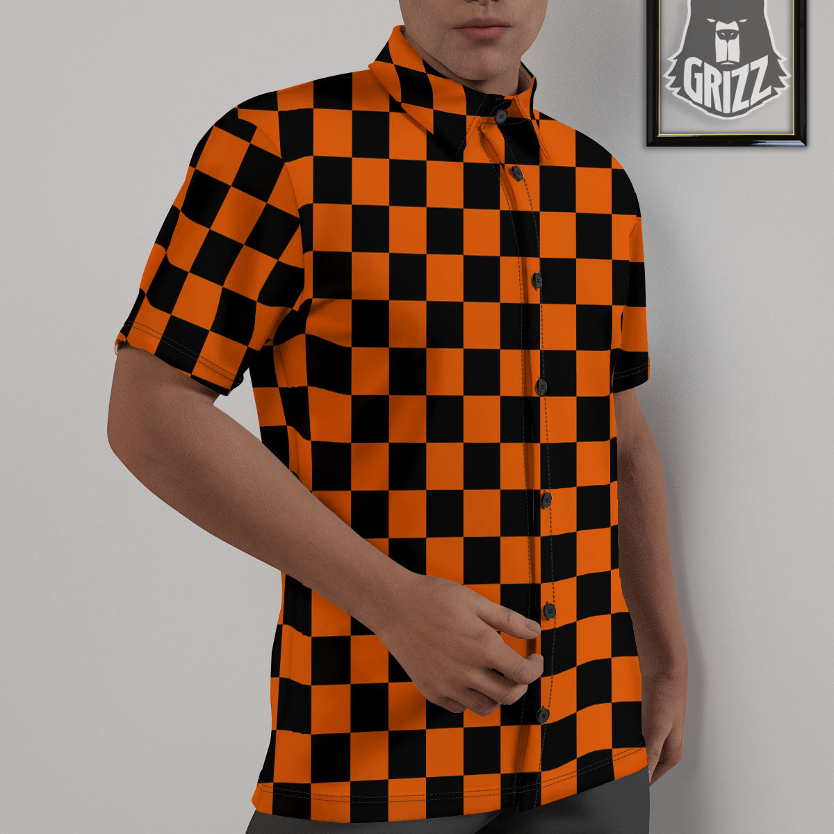 Checkered Black And Orange Print Pattern Untucked Shirts-grizzshop