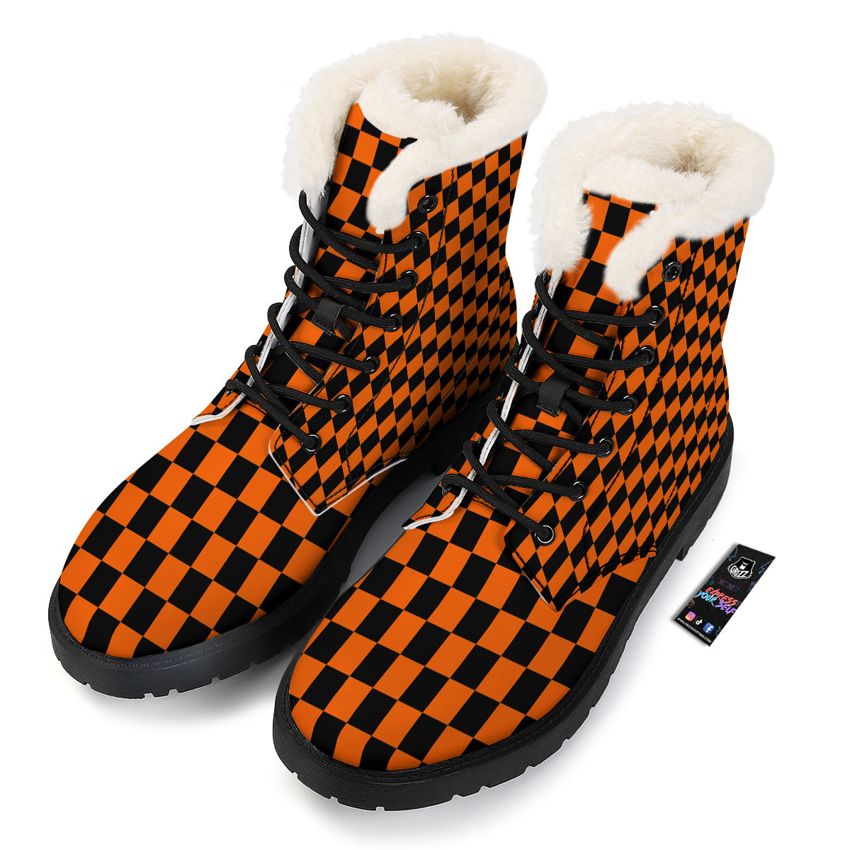 Checkered Black And Orange Print Pattern Winter Boots-grizzshop