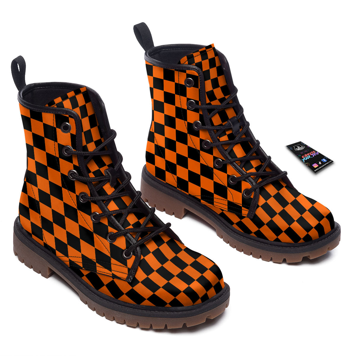 Checkered Black And Orange Print Pattern Work Boots-grizzshop